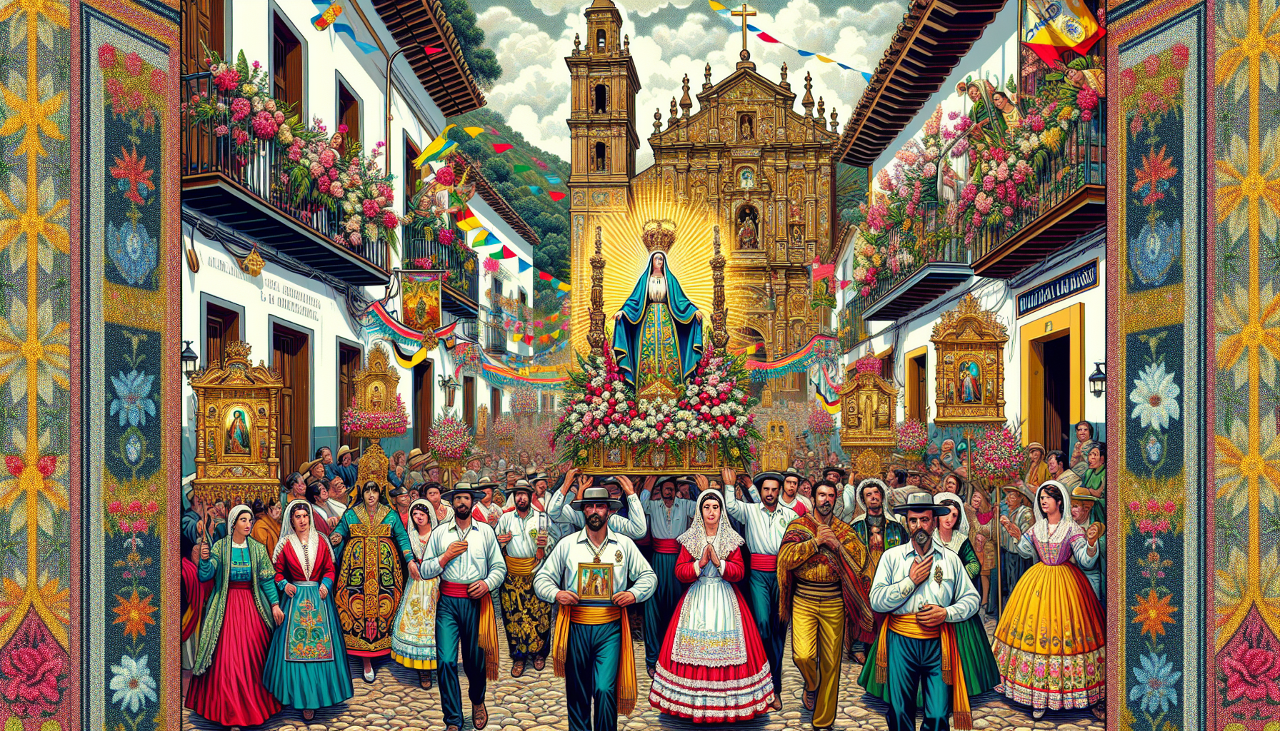 An artistic depiction of a vibrant Spanish village celebrating both the Asunción and Nuestra Señora de los 7 Dolores. The scene shows colorful decorations, with banners and flowers adorning the street