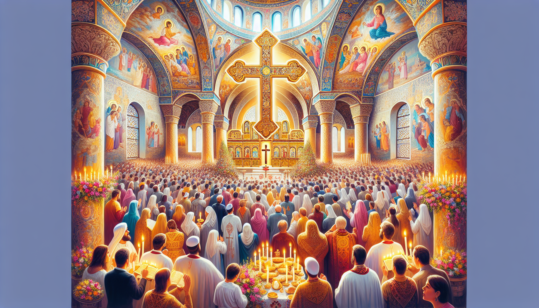 Una imagen vibrante de una celebración de la Cruz Gloriosa, con una congregación en una iglesia antigua adornada con flores coloridas y velas encendidas. En el centro, una gran cruz decorada con detal