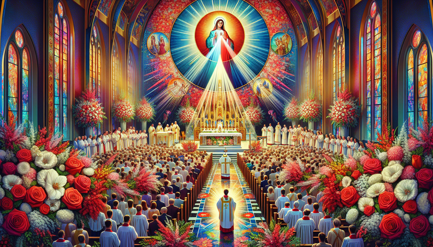 Una imagen vibrante de la celebración de la Fiesta de la Divina Misericordia en una iglesia decorada con flores blancas y rojas. Feligreses reunidos en oración, con un sacerdote celebrando una misa es