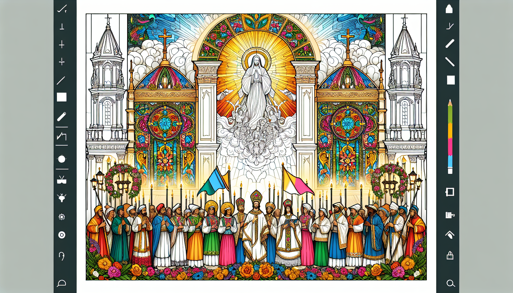 An elaborate and vibrant scene of a religious festival celebrating the Fiesta de la Transfiguración. The setting is a beautiful church adorned with colorful banners, flowers, and ornate decorations. P