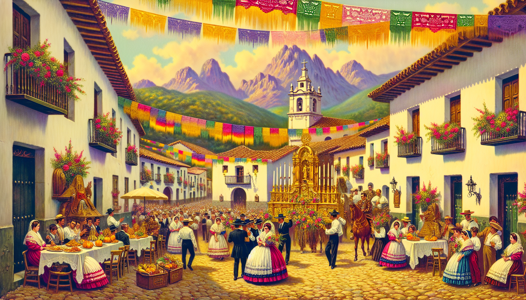 Una pintoresca plaza en un pueblo español durante la Fiesta del Santísimo Sacramento, llena de personas vestidas con trajes tradicionales, coloridas decoraciones de papel, guirnaldas de flores, y una
