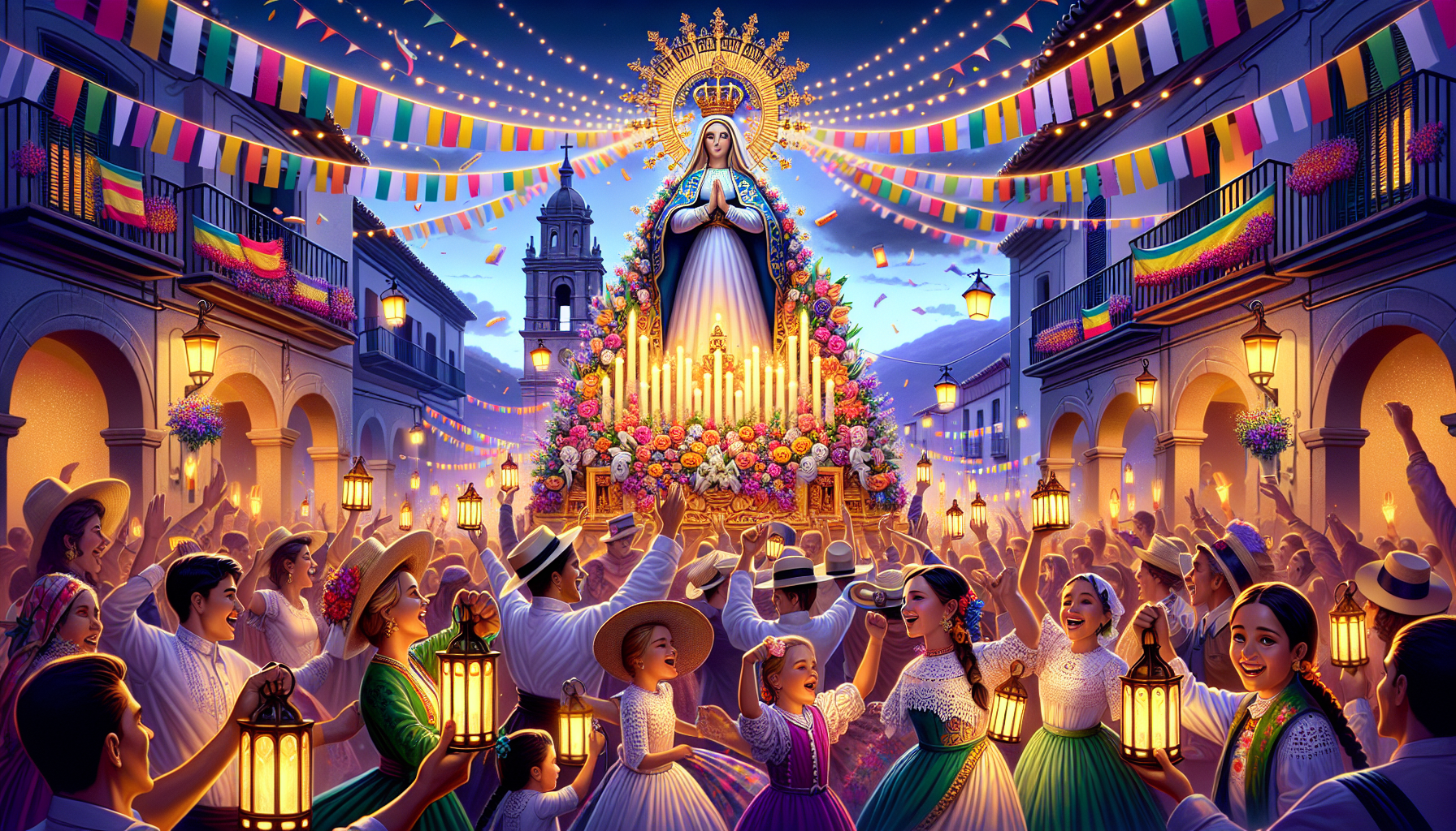 A vibrant yet serene depiction of a traditional Spanish celebration for the Feast of the Immaculate Conception. Picture a picturesque town square adorned with festive lights and colorful banners. In t