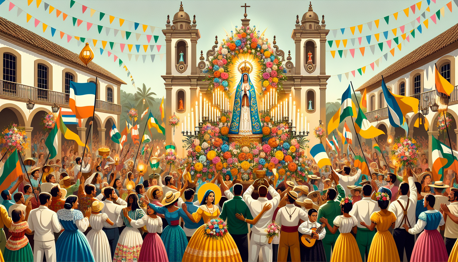 Create an image of a traditional Spanish festival celebrating the Nativity of the Virgin Mary. The scene should include an ornate, beautifully decorated church with a statue of the Virgin Mary surroun