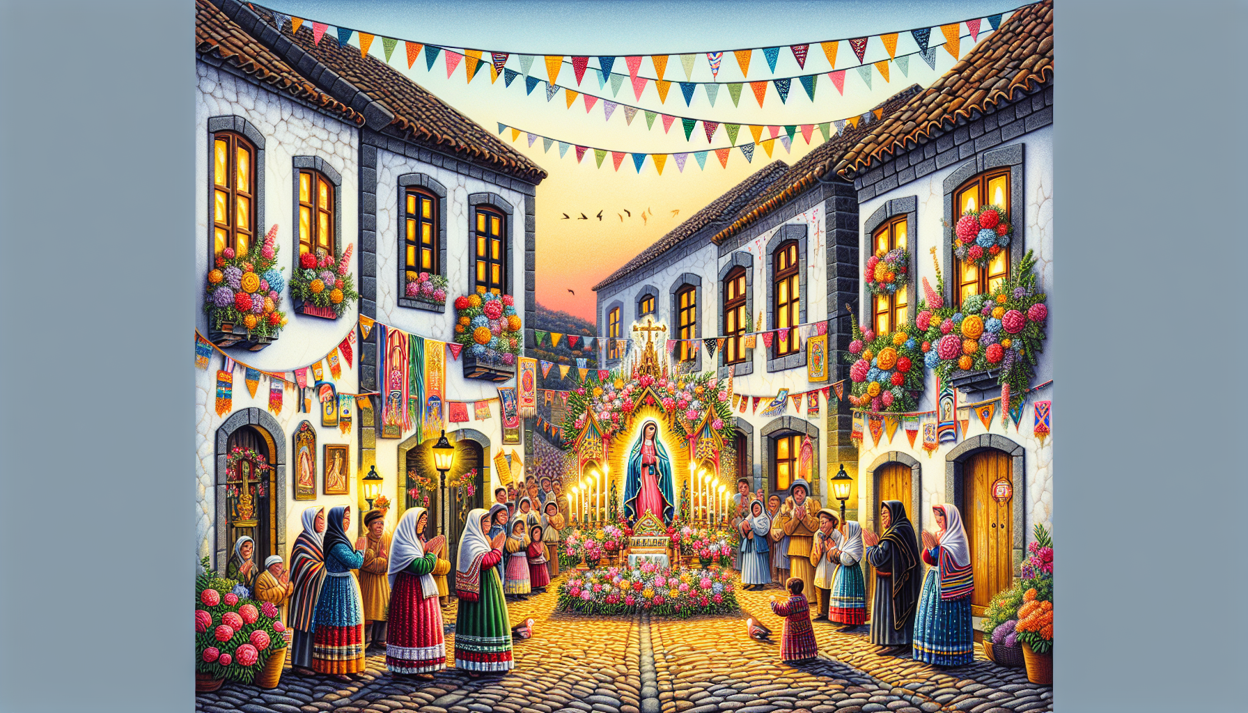 Una escena festiva en un pueblo antiguo con calles empedradas donde la gente celebra la Visitación de la Virgen María. Hay banderines de colores, flores y velas adornando las casas. En una esquina, un