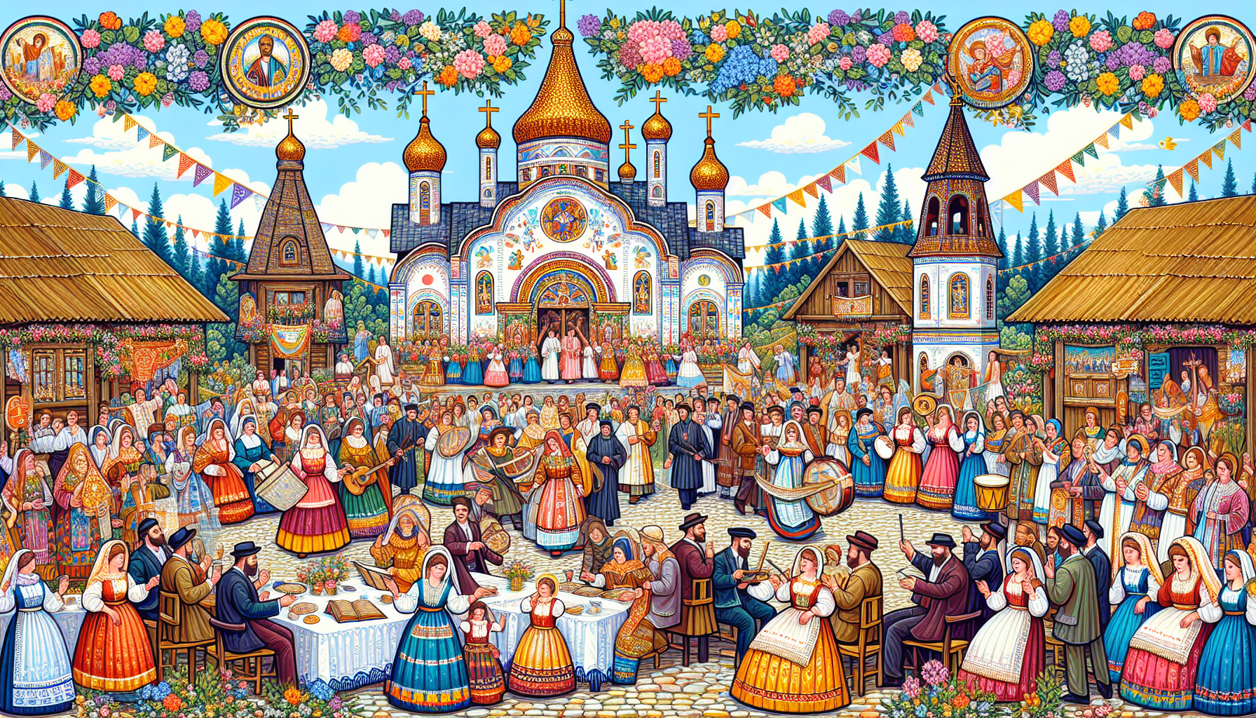 A traditional celebration honoring Saints Peter and Paul, featuring a lively outdoor festival in a charming rustic village with colorful banners, religious iconography, and joyful community members dr
