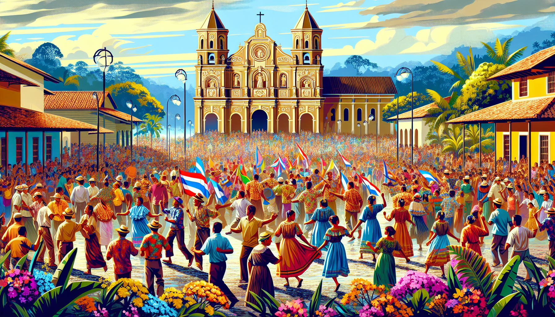 Create an image showing a vibrant Christian celebration in Costa Rica. Include a beautiful church in the background, with worshippers dressed in colorful traditional clothing. The scene should include