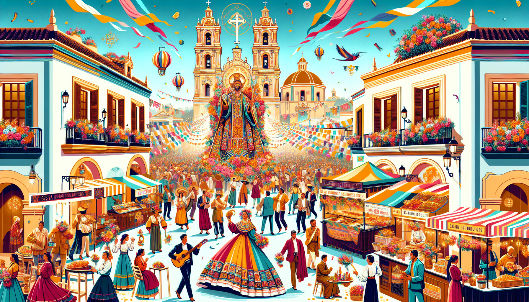 Create a vibrant and festive scene that celebrates the Fiesta de San José. Incorporate traditional Spanish architecture, lively crowds in colorful traditional attire, and a detailed image of San José