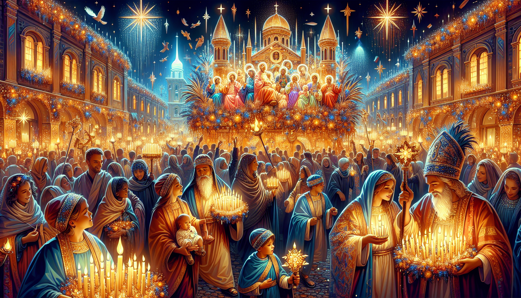 Create an image depicting a joyful celebration of the Epiphany festival. Show a vibrant scene with people of all ages participating in traditional activities. There could be a parade with colorful flo