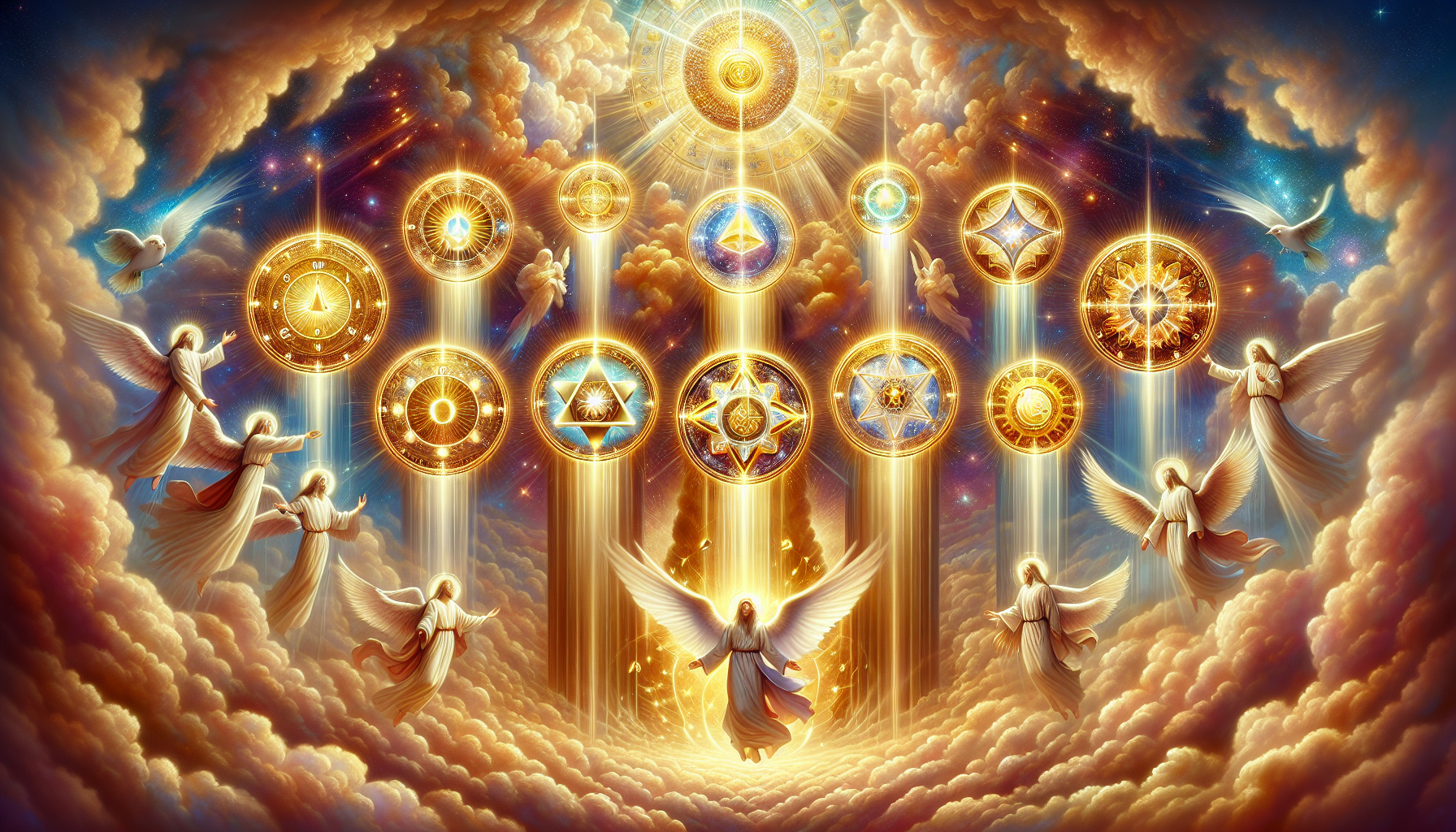 An ethereal, heavenly scene featuring radiant beams of light descending upon seven symbolic gifts, each representing one of the Gifts of the Holy Spirit: Wisdom, Understanding, Counsel, Fortitude, Kno