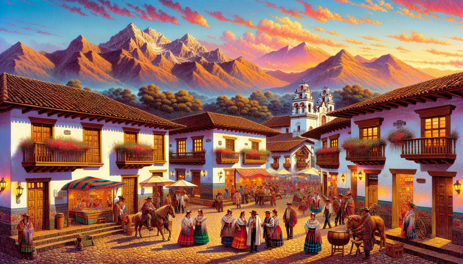 Un pintoresco pueblo de San Blas al atardecer, con sus encantadoras calles adoquinadas, casas coloniales con balcones de madera, y montañas majestuosas al fondo bajo un cielo pintado con colores cálid
