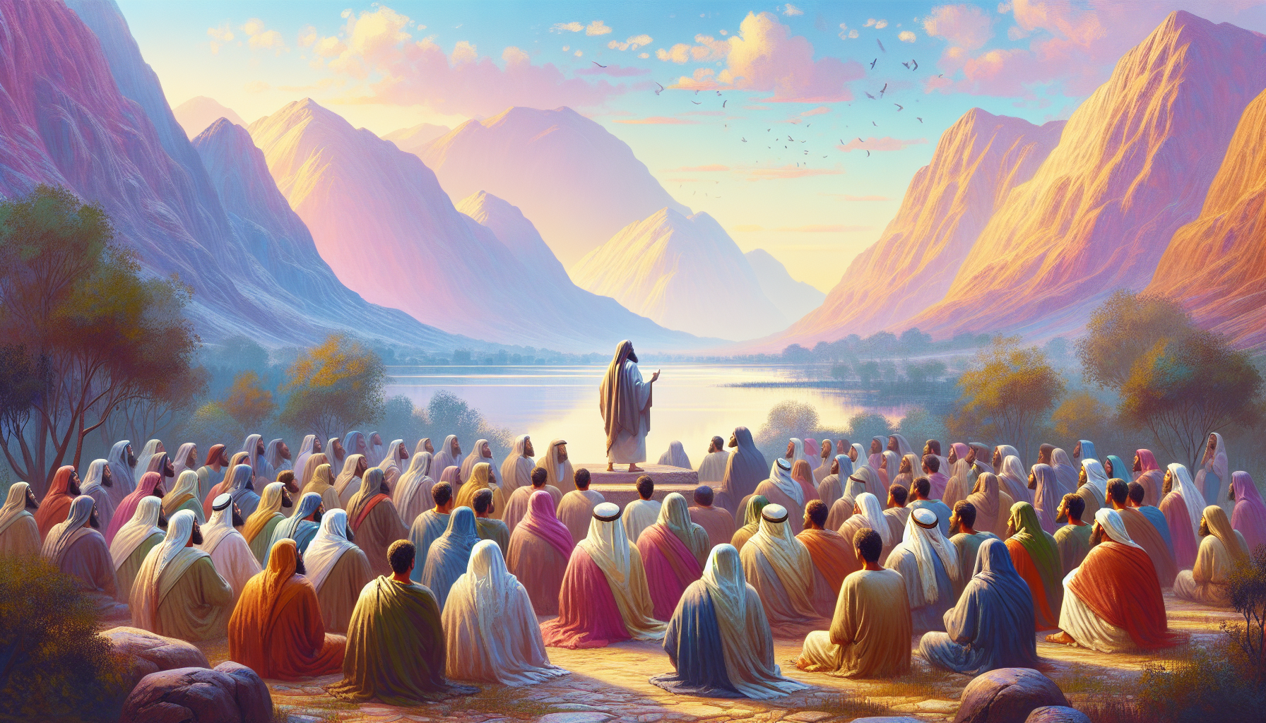 Visual representation of a serene landscape depicting Mount Sinai, with a group of ancient Israelites listening attentively as Moses delivers a sermon based on Deuteronomy 8:1-3. The scene is bathed i