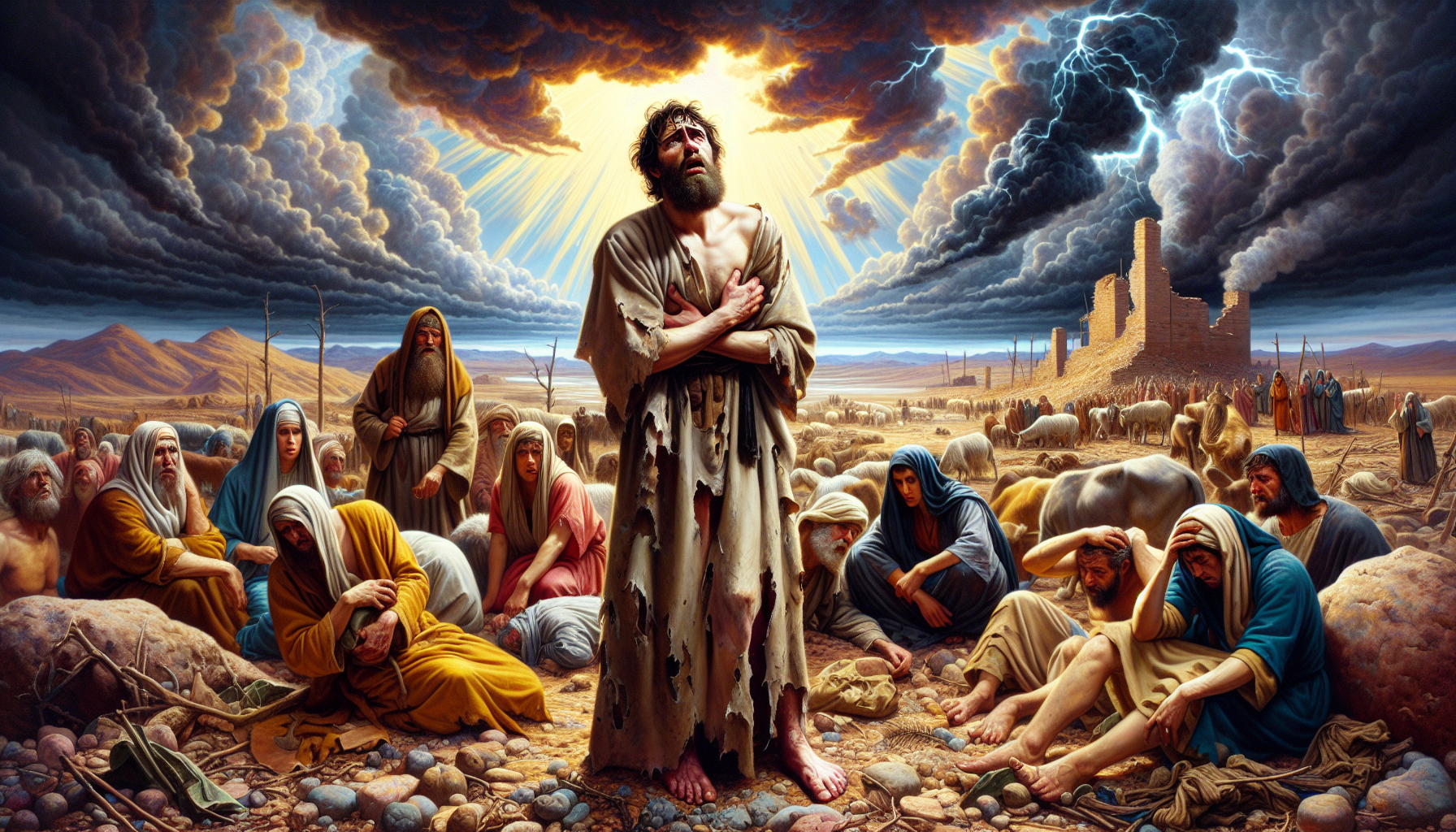 A vivid, dramatic scene from the Book of Job in the Bible. Job, dressed in tattered clothes, sits on a pile of ashes with a sorrowful expression. Surrounding him are ruined remnants of his once prospe