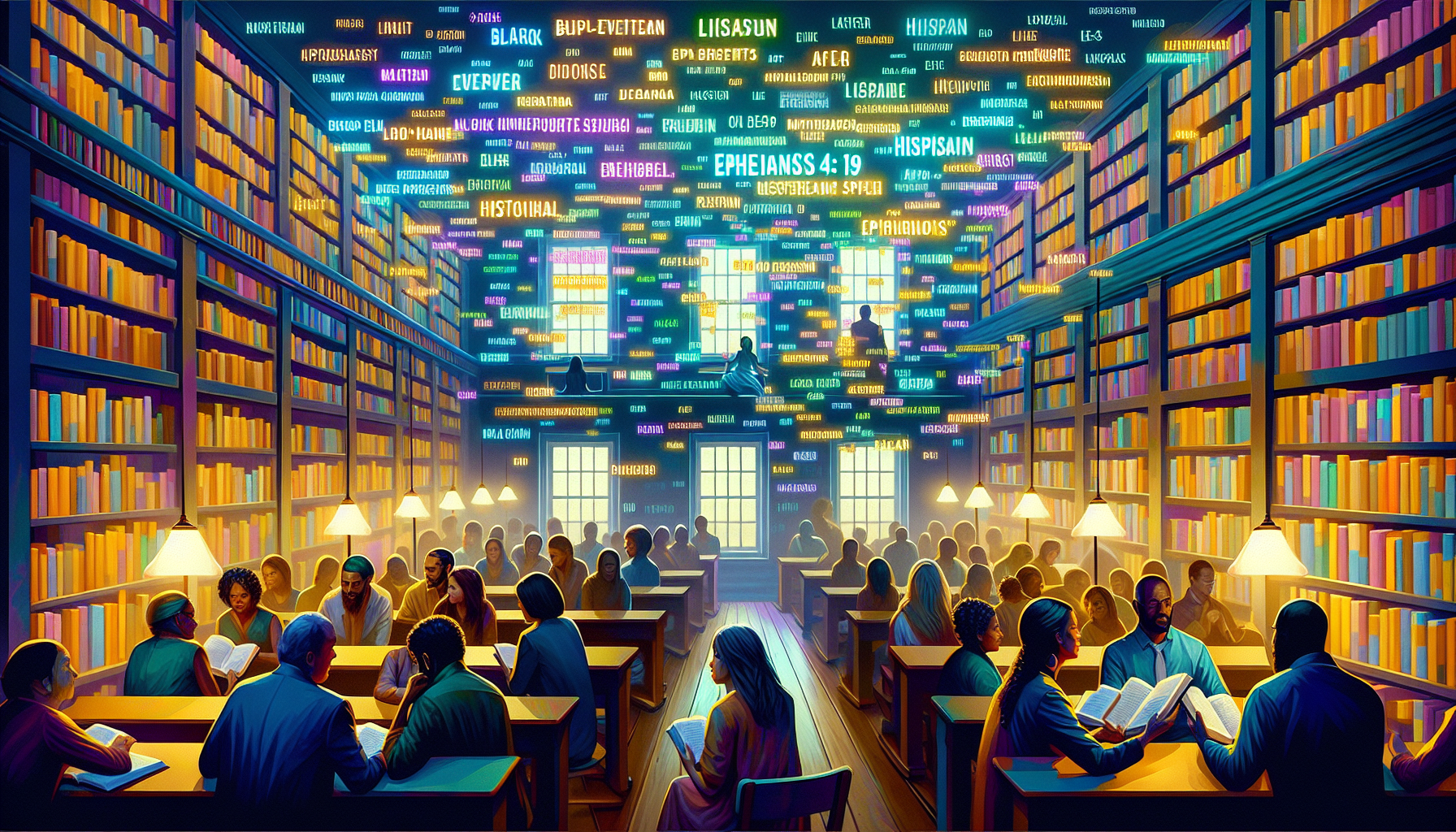 An inspirational digital artwork depicting a serene library setting where people of diverse backgrounds are sharing uplifting words with one another, surrounded by floating, glowing texts of Ephesians