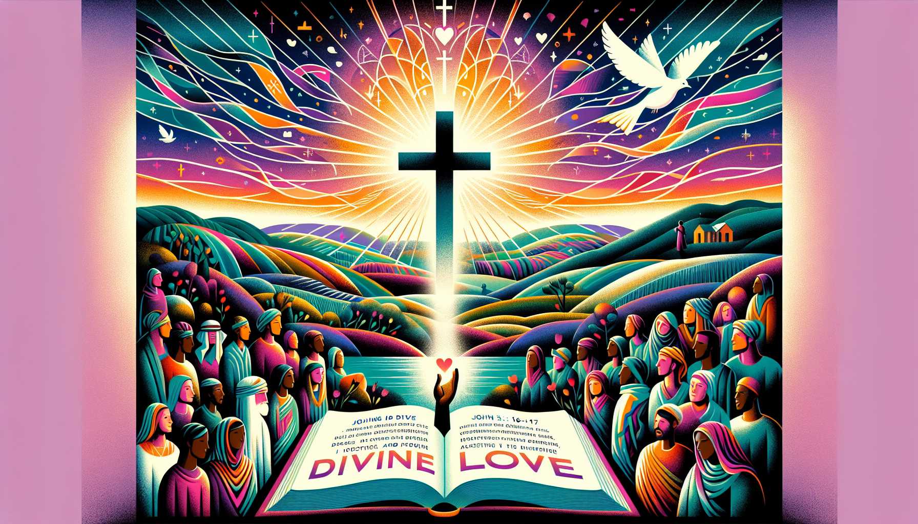 Create an illustration that captures the essence of 'El Amor de Dios' with a focus on John 3:16-17. The image should feature a serene landscape with a prominent cross at the center, symbolizing Jesus'