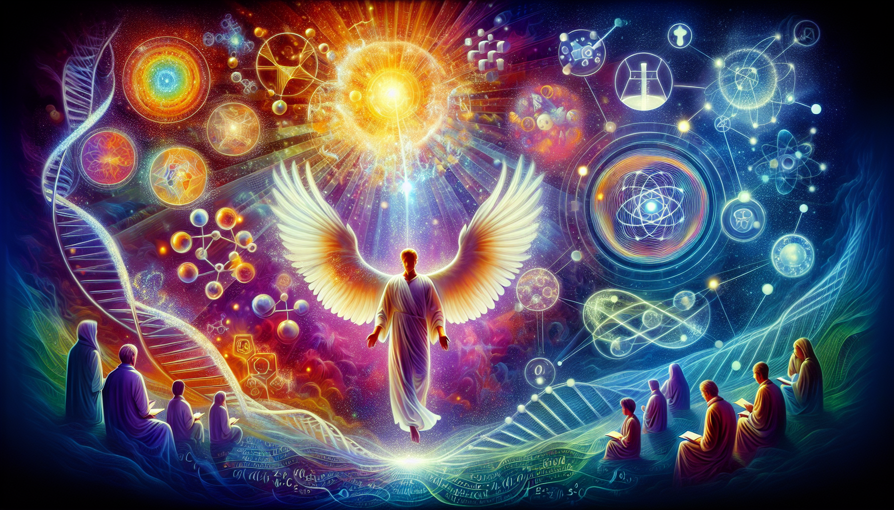 Create an ethereal and luminous image showcasing the Holy Spirit bestowing the gift of science upon a human. The scene should be filled with divine light, and the person receiving the gift should be d