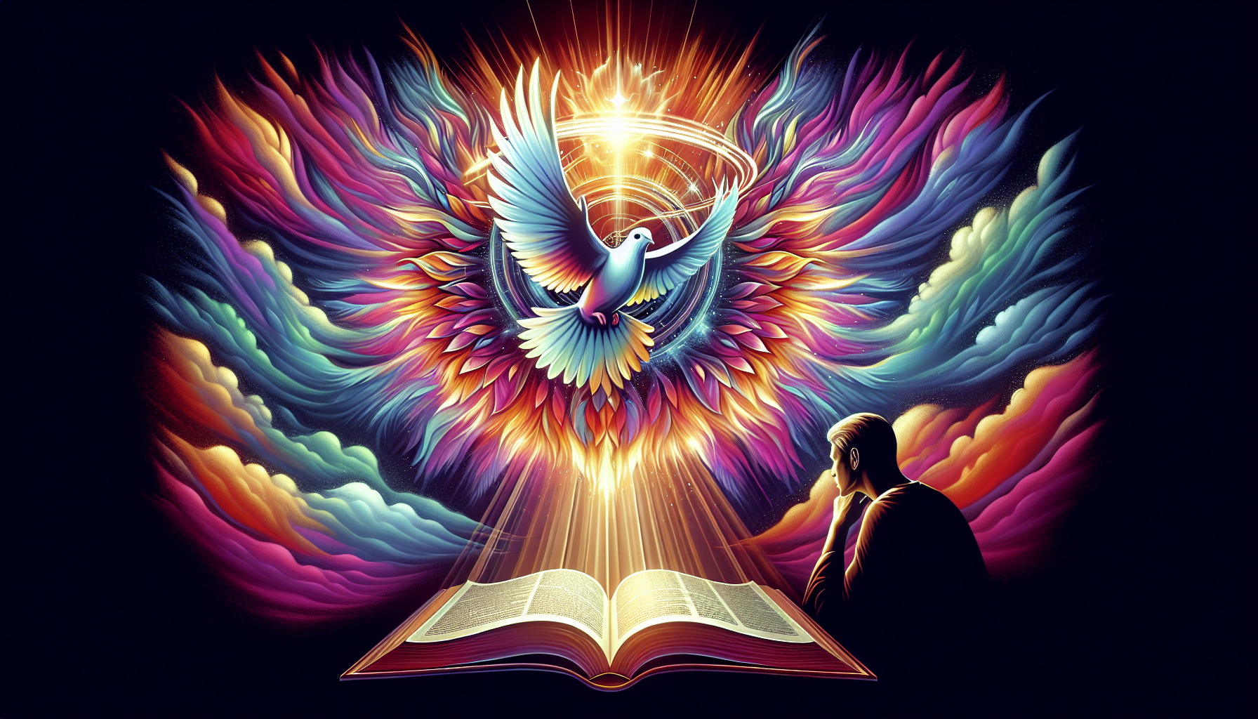 Create an inspirational image depicting a radiant dove surrounded by an ethereal, colorful light, symbolizing the Holy Spirit. The dove should be placed above an open Bible, with its wings gently outs