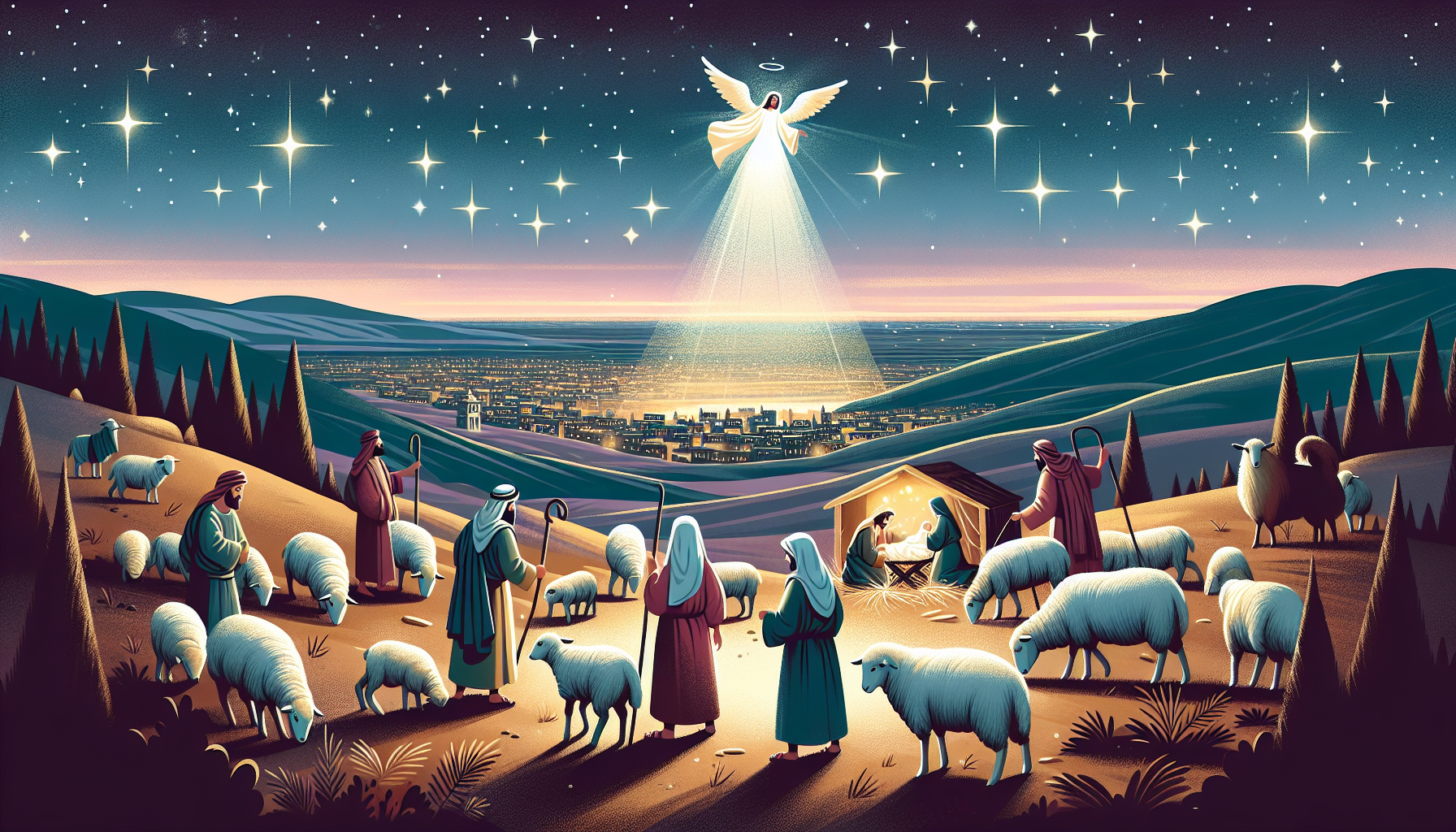 Una escena nocturna en las afueras de Belén donde pastores están cuidando sus ovejas bajo el cielo estrellado. Un ángel brillante aparece en el cielo anunciando el nacimiento de Jesús, mientras los pa