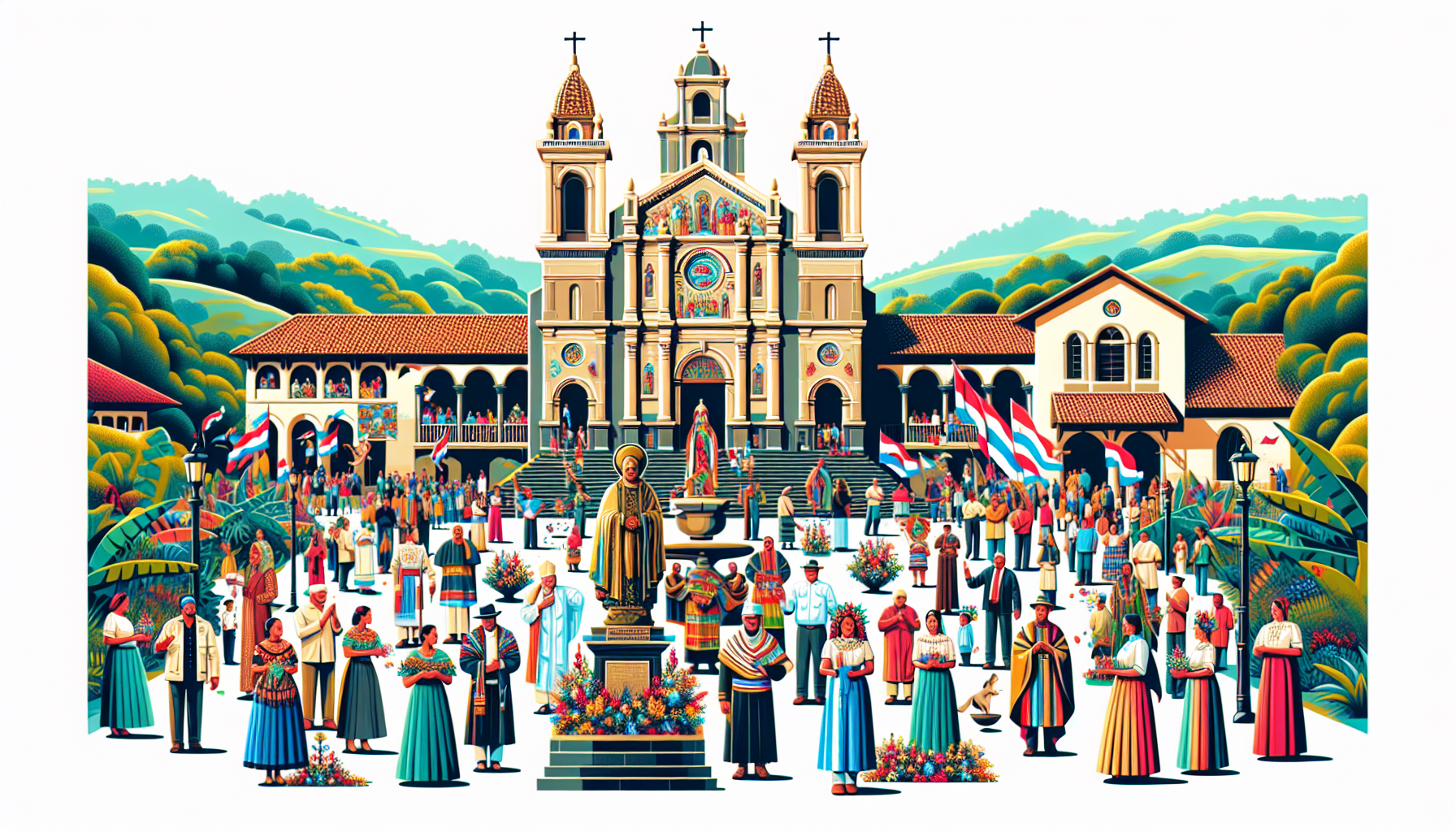 Create an image that captures the essence of 'El Santo de Costa Rica: Historia y Devoción'. Depict a beautiful and historic Costa Rican church adorned with vibrant decorations, with a statue of the re