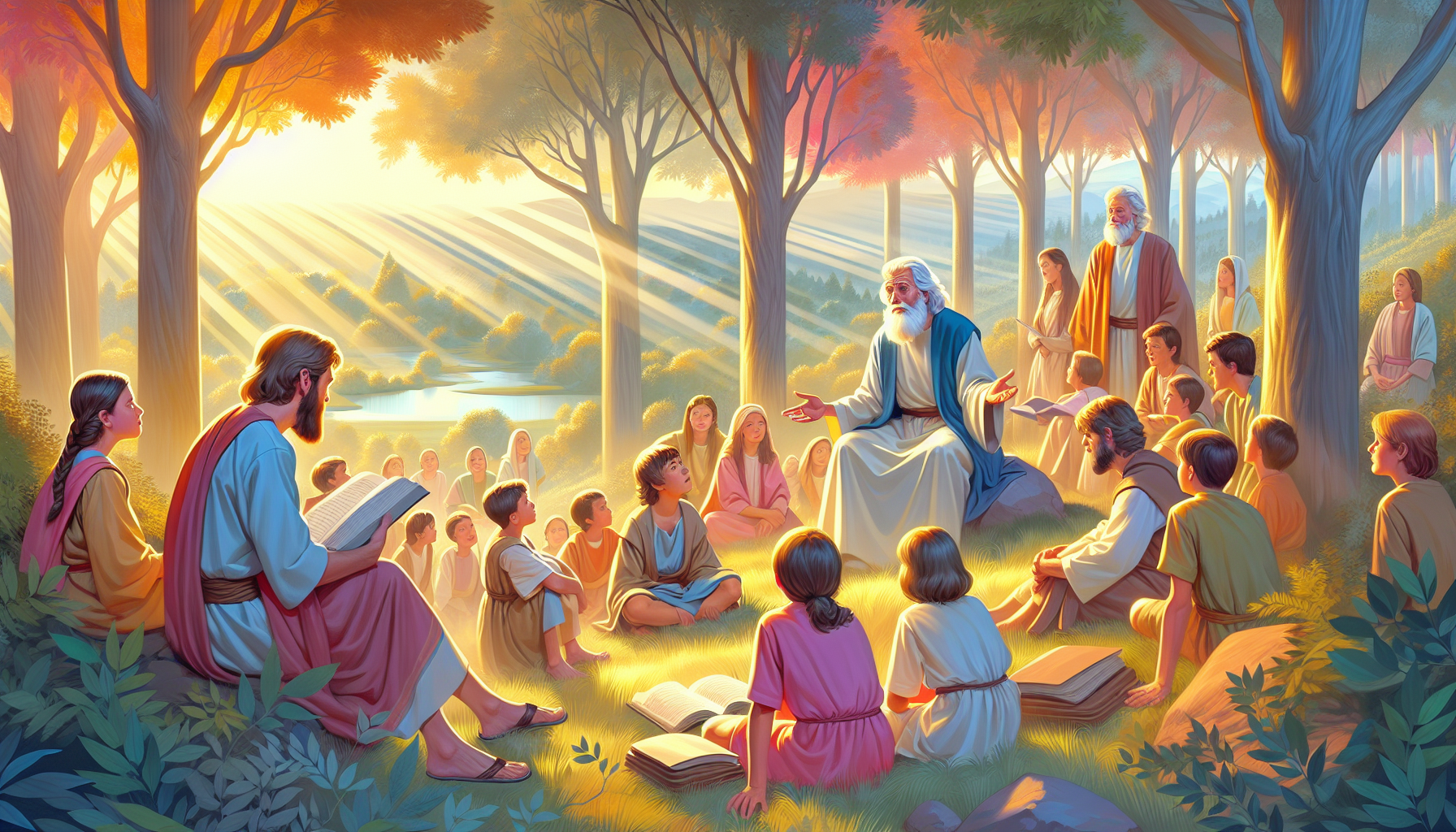 Illustration of Matthew 18:1-5, showing Jesus surrounded by His disciples and children, emphasizing humility and the importance of becoming like little children to enter the Kingdom of Heaven. The set