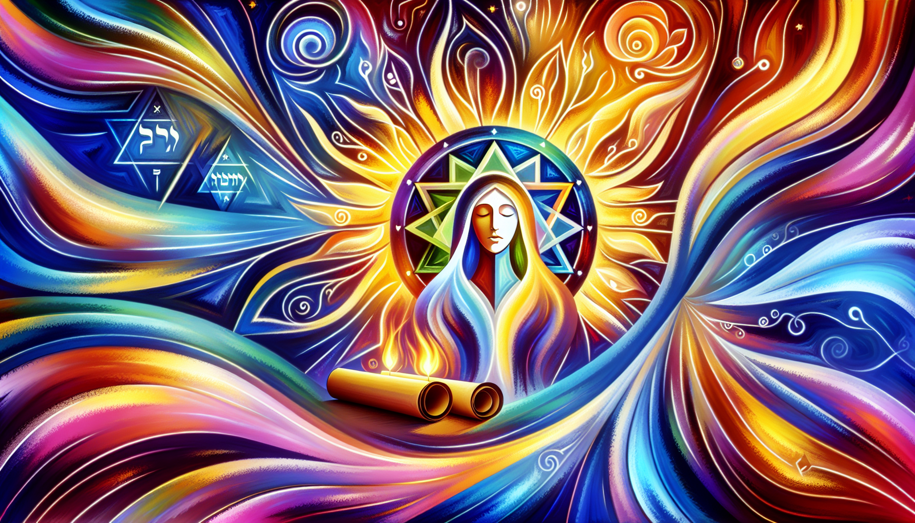 Create an image depicting the spiritual essence of 'Yeshua', blending ancient Hebrew themes with modern interpretations. Include symbolic elements such as scrolls or ancient scriptures, the Star of Da