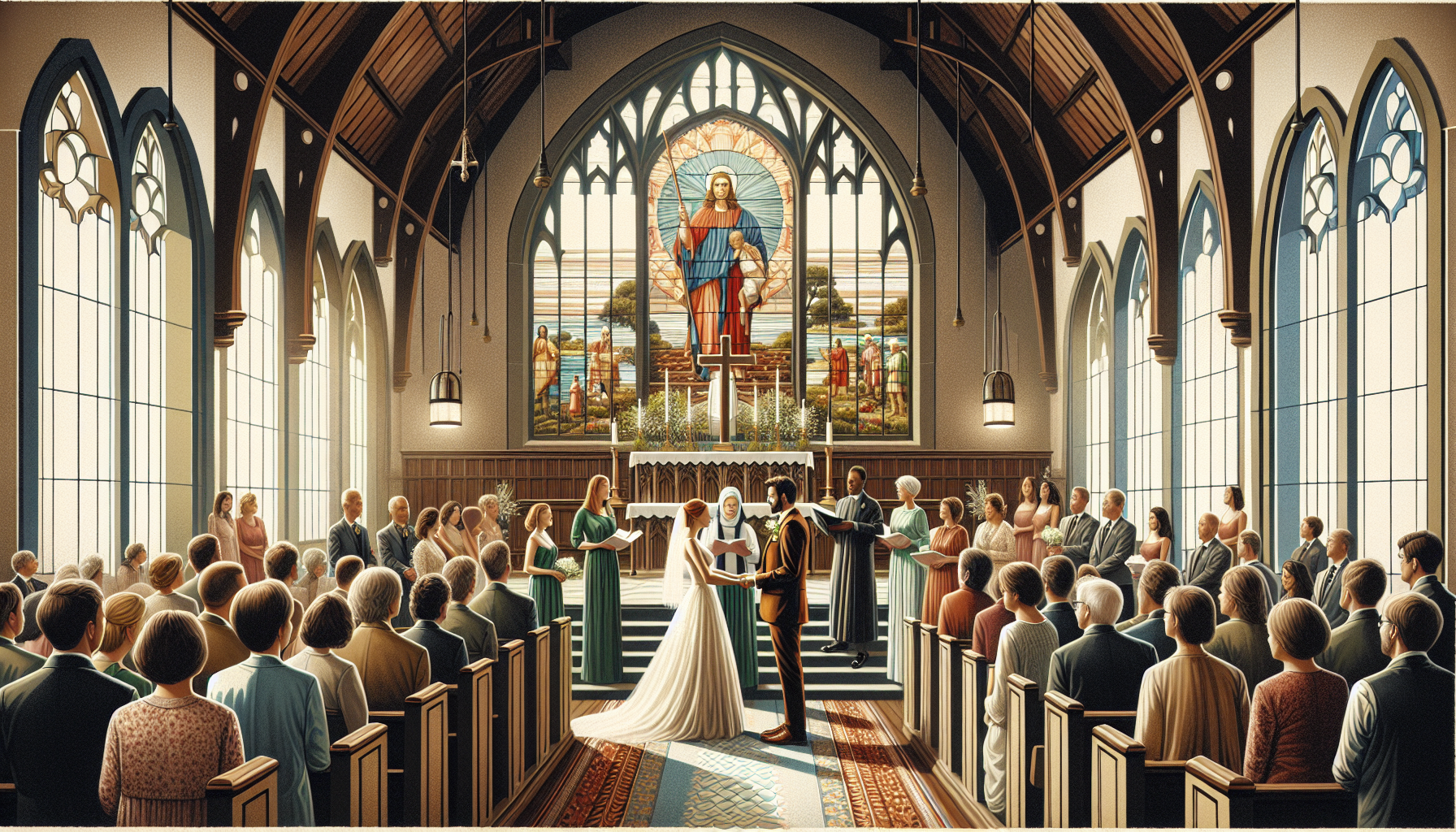 A beautifully illustrated scene depicting a Christian wedding ceremony taking place in a charming, old-fashioned church. The scene includes a loving couple standing at the altar, exchanging vows with