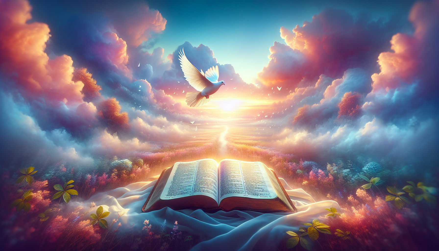 An ethereal, serene landscape at dawn with soft light breaking through gentle clouds, featuring an open Bible with Juan 14:27 highlighted. A peaceful dove flies overhead, representing tranquility and