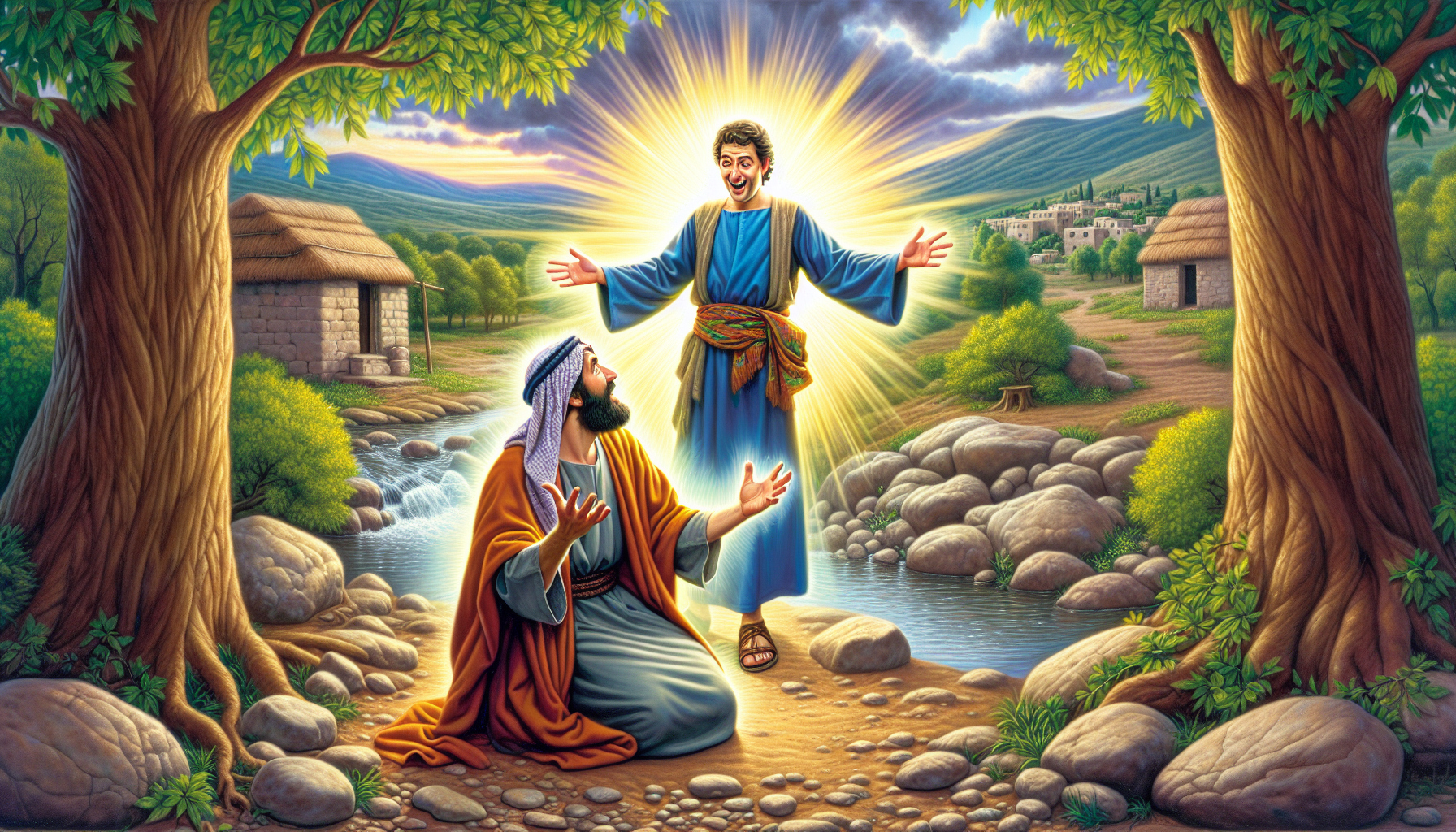 Create an image showing a biblical scene set in ancient Judea. In the center, depict Andrew with an excited and heartfelt expression, pointing towards Jesus as he introduces Him to his brother, Simon