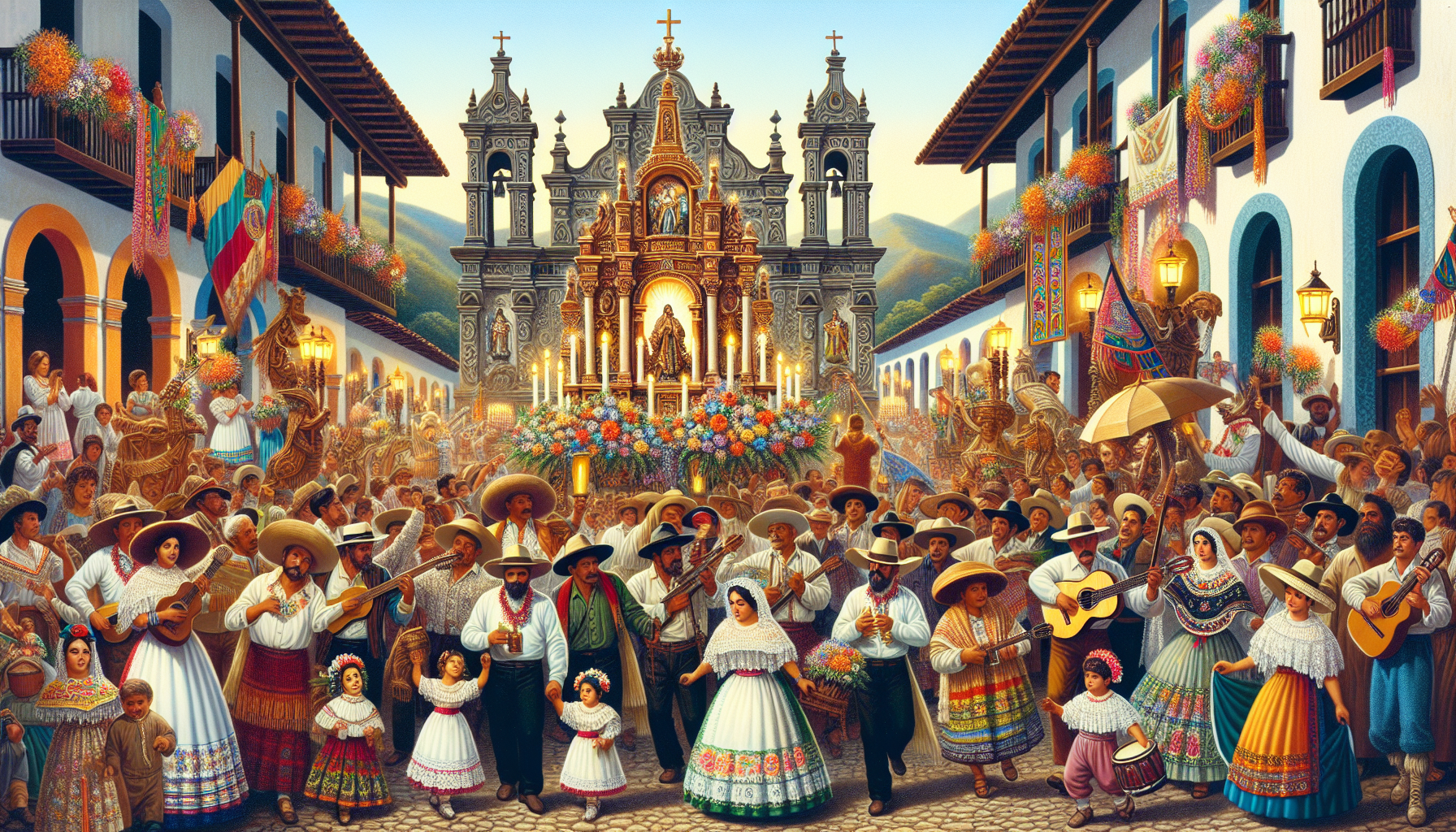 Create an image of the Fiesta del Sagrado Corazón that captures vibrant cultural traditions and deep spiritual devotion. Show a lively street scene in a Latin American village with people wearing trad