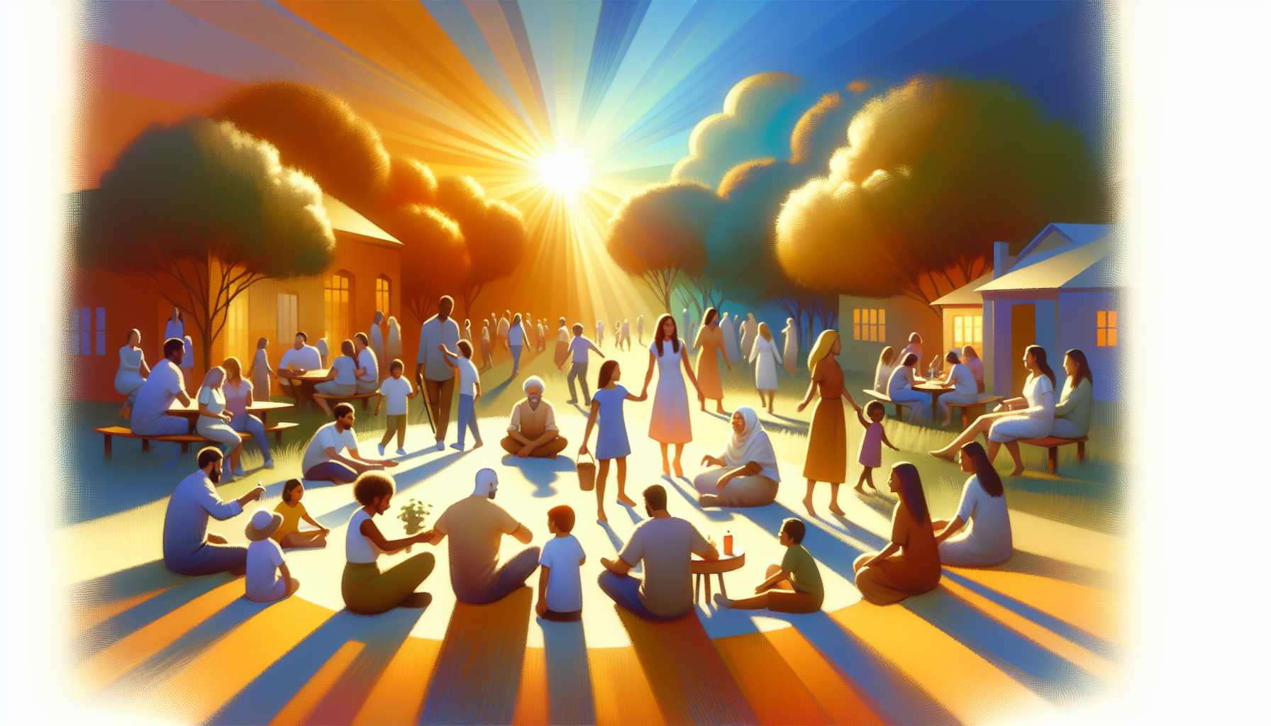 Visual depiction of a serene and harmonious community setting, illustrating the concepts of unity and light from Philippians 2:14-16. The composition features diverse people of different ages and ethn