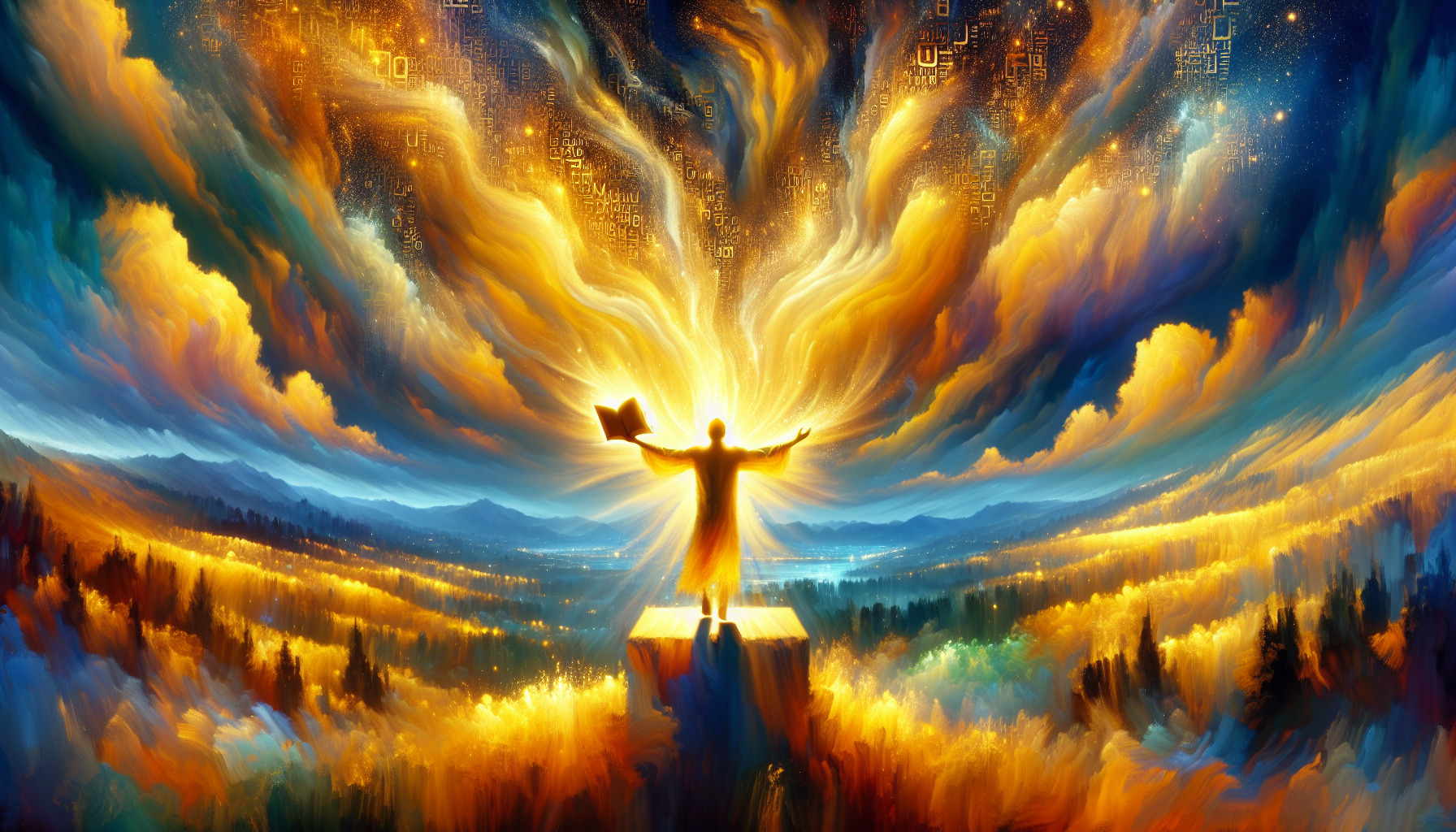 An ethereal digital painting of a serene and luminous landscape, depicting a person standing on a hilltop with open arms, bathed in a soft, golden light that seems to emanate from an open Bible in the