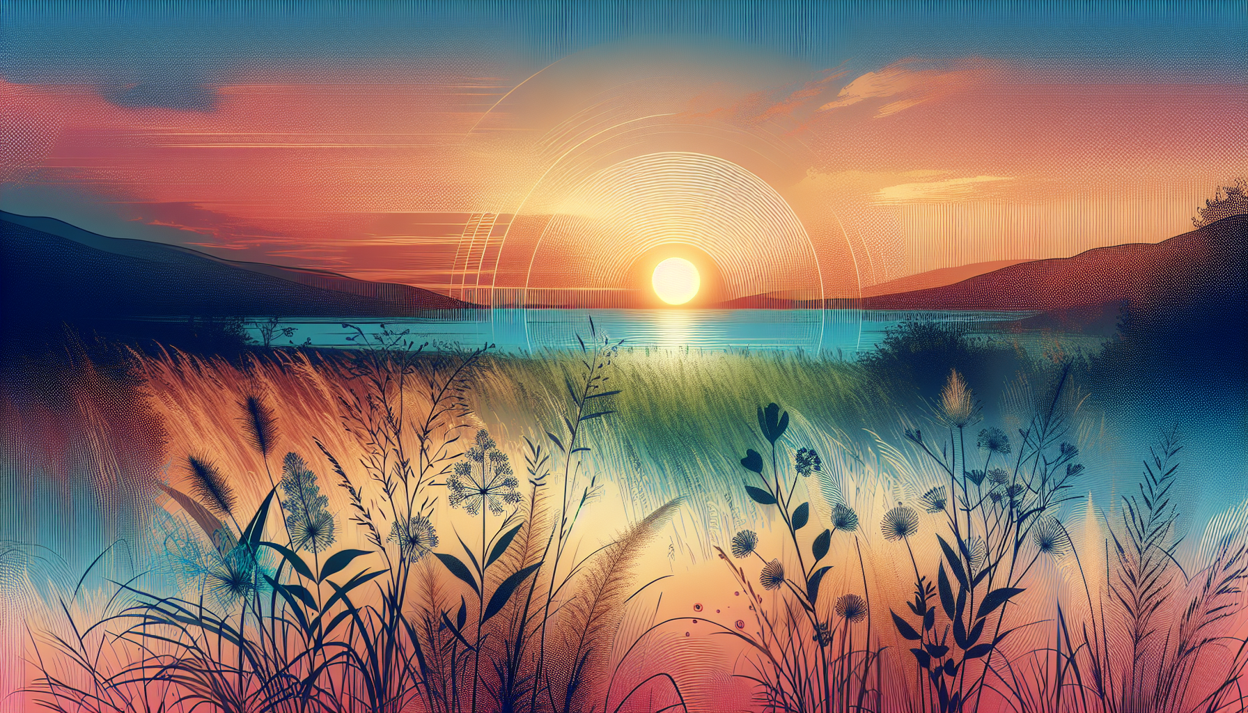 Peaceful landscape depicting a serene meadow under a sunset, with a translucent overlay of the verses from Philippians 4:6-7 elegantly written across the sky.