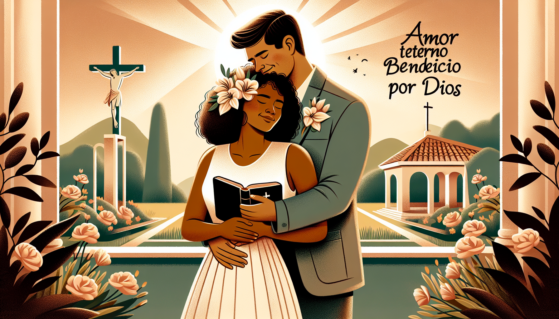 Create a heartwarming image that illustrates a Christian love message for a husband. The scene should feature a loving couple embracing in a serene, picturesque setting such as a garden or a church. I