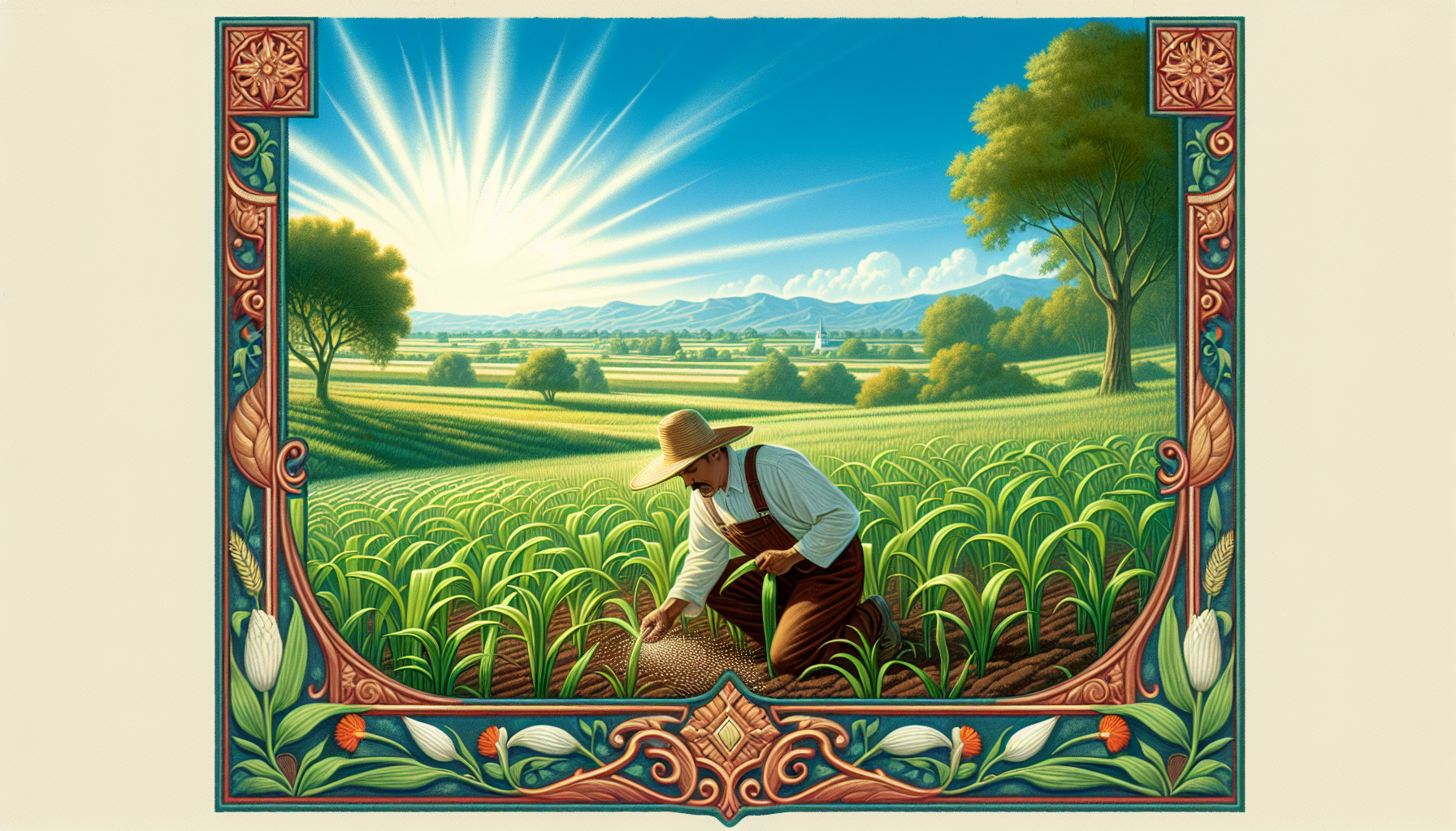 A serene pastoral scene depicting a farmer sowing seeds in a fertile field under a bright, clear sky, symbolizing diligence and hope, with a soft overlay of the scripture from Galatians 6:7-9 in elega