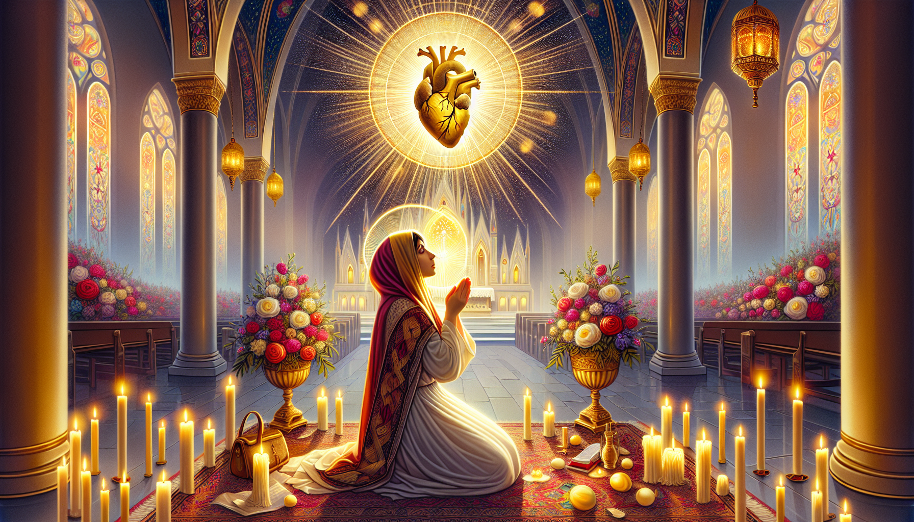 Create an image depicting a serene and spiritually uplifting scene for a guide on praying the Novena to the Sacred Heart. Show a devout person kneeling in prayer with a glowing, sacred heart symbol ra