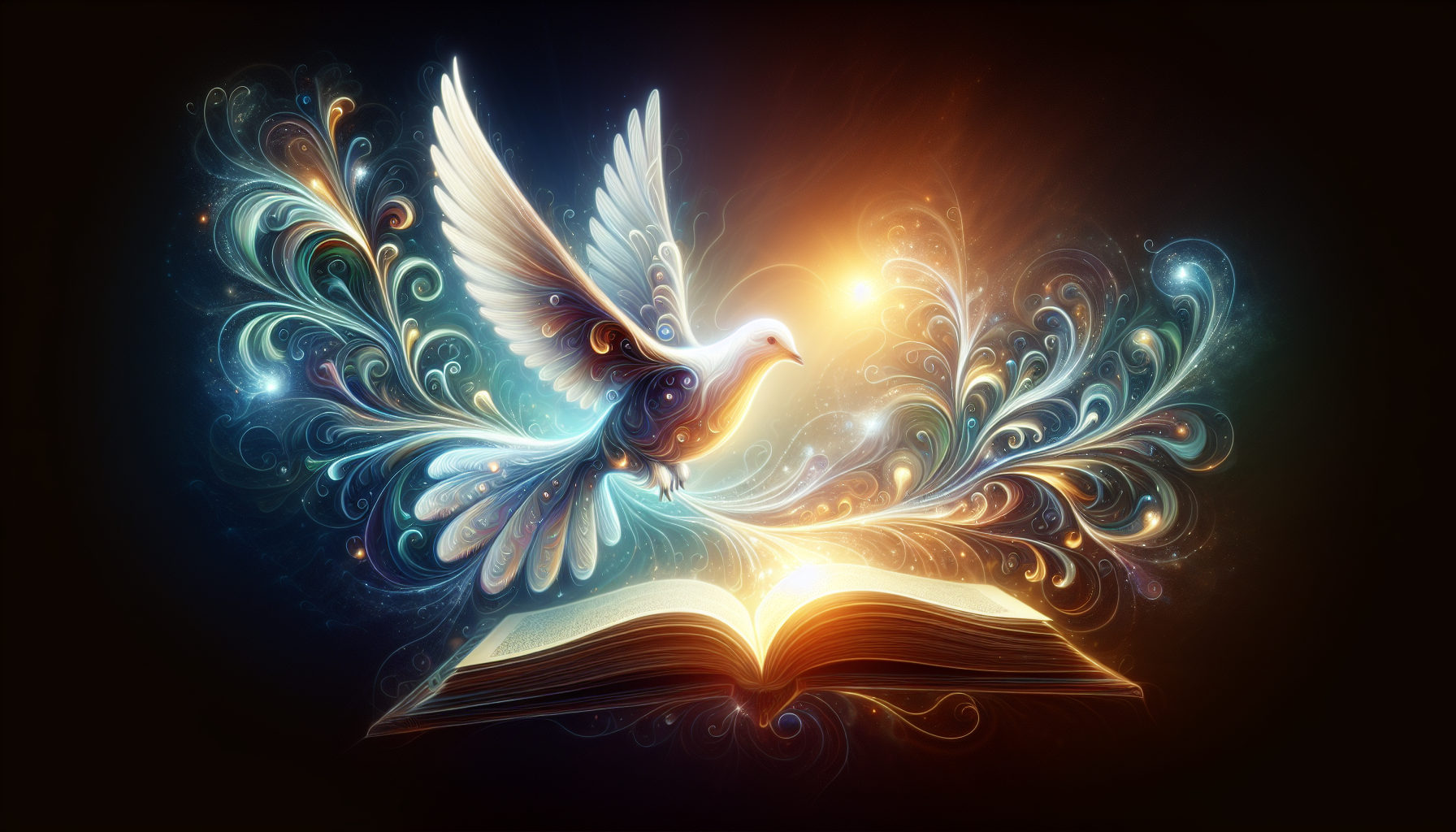 Create a detailed, serene illustration of the Holy Spirit as a dove, radiating light and peace, soaring above an open Bible with soft, heavenly light illuminating the scene. Include subtle artistic ac