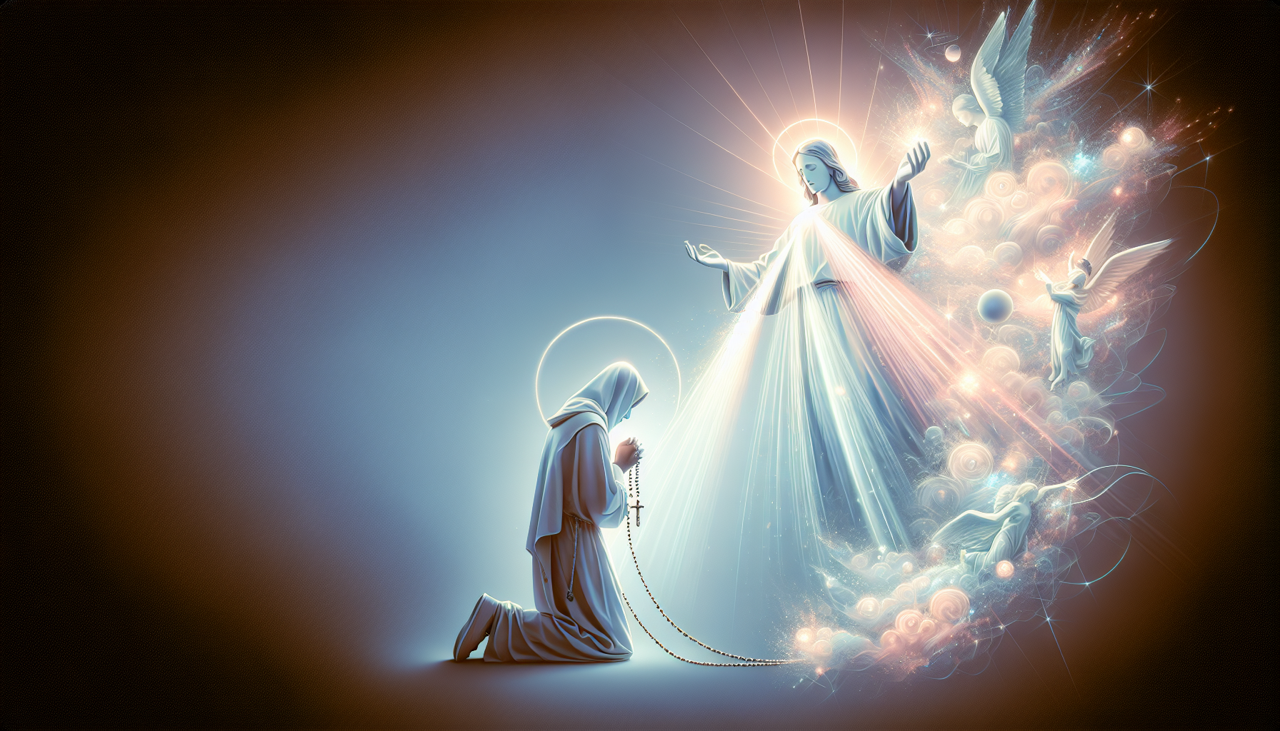 Create an image depicting a serene, spiritual scene where a person is kneeling in prayer with a rosary in hand, focusing on a depiction of Divine Mercy. Include a divine light emanating from an image