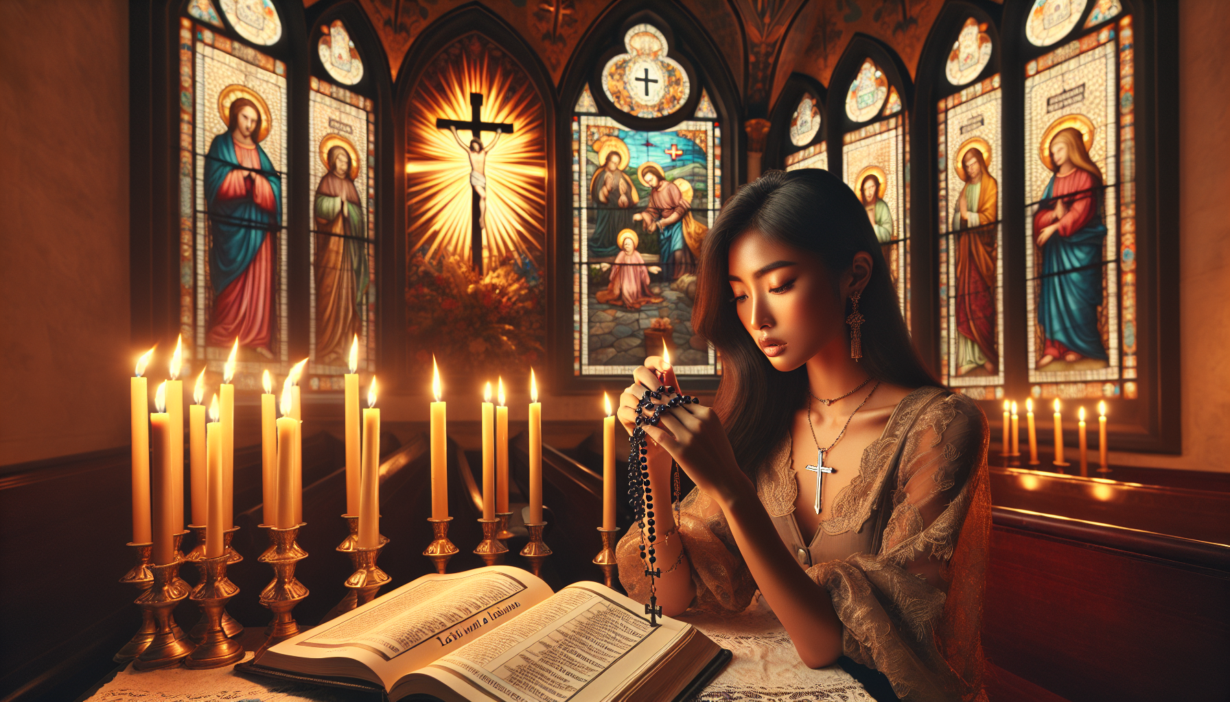 �Create a serene and peaceful image of a person praying in a beautiful, candle-lit chapel. The focus should be on their hands gently holding a rosary and an open prayer book with the title “Letanía de