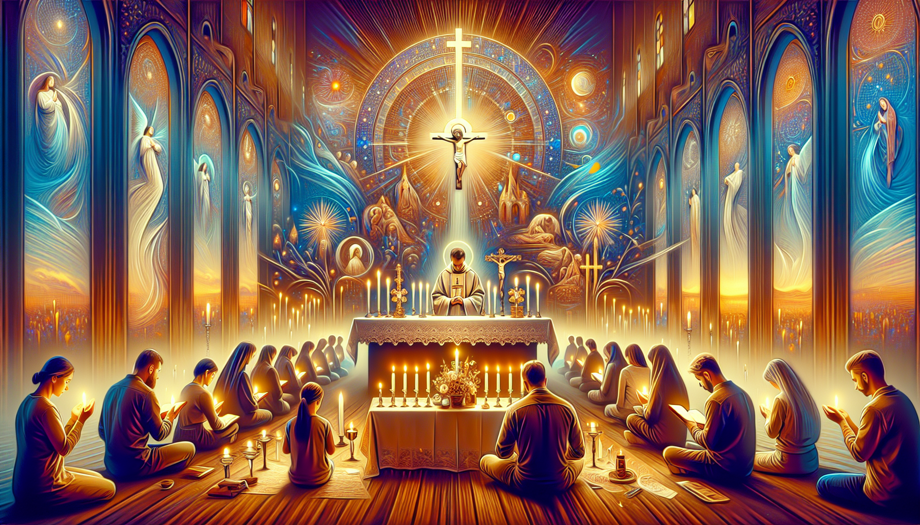 Create an image that depicts a serene and peaceful setting, where an individual or a small group of people is engaged in prayer, symbolizing the 'Novena de 54 Días'. The background could show an altar