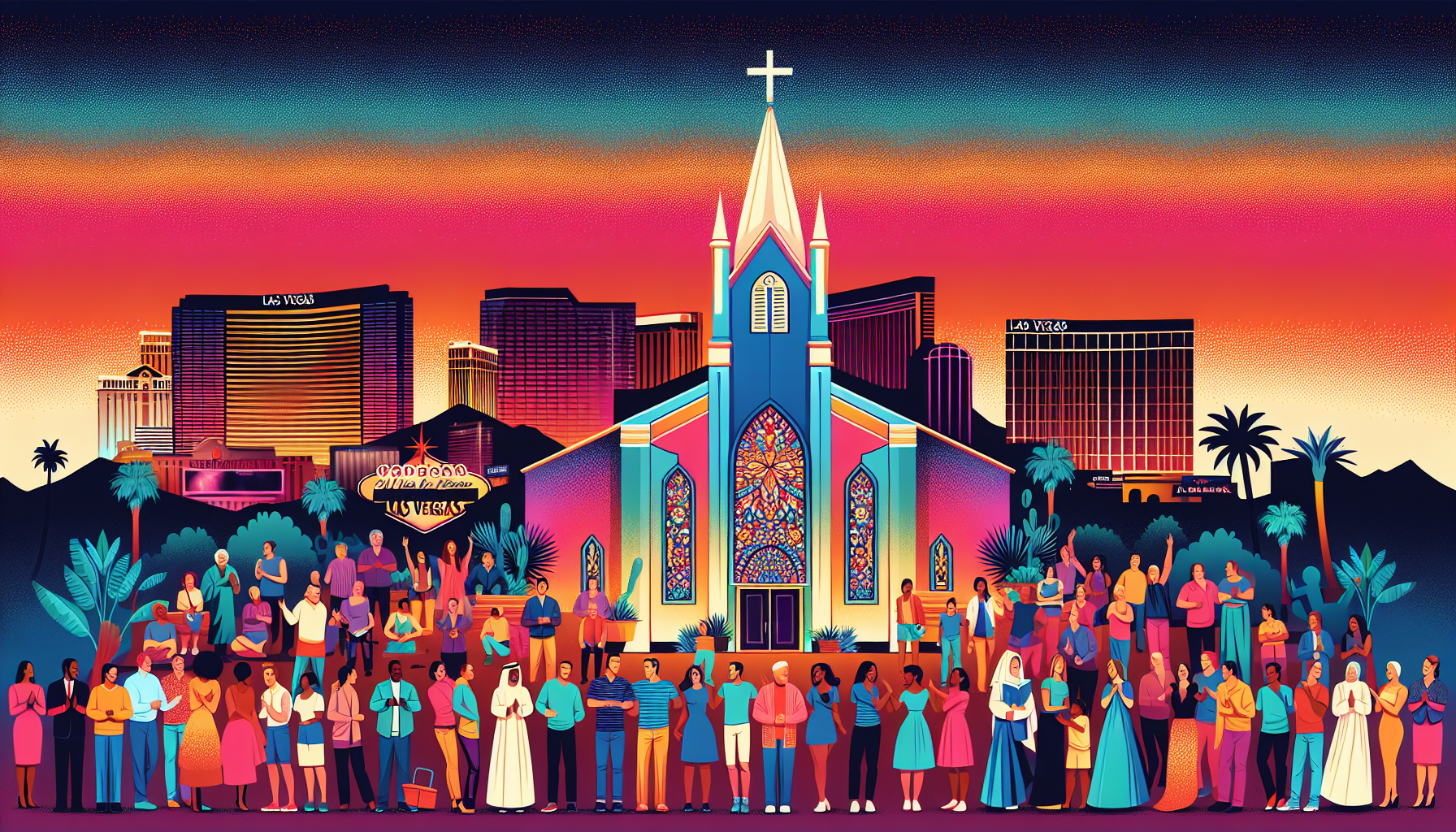 An inviting depiction of diverse Christian churches in Las Vegas, blending vibrant city lights with serene places of worship. Showcase people of different backgrounds engaging in community activities,
