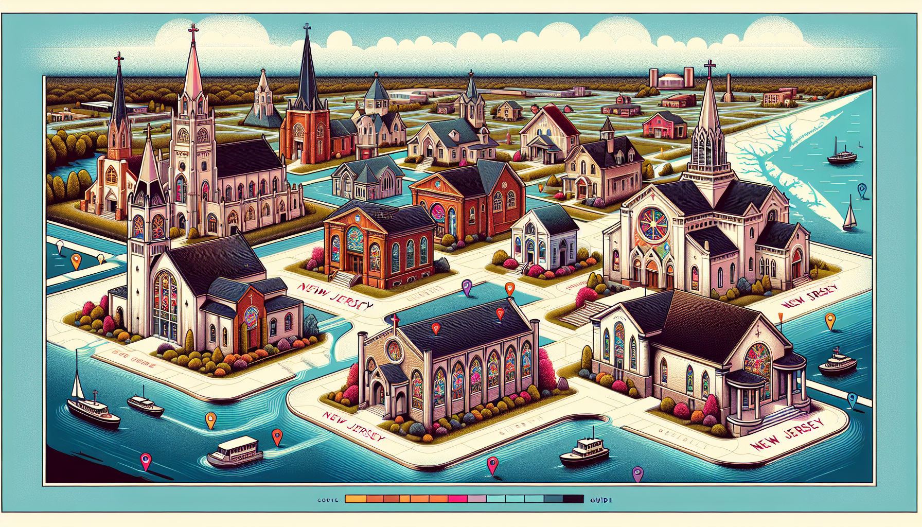 A detailed, vibrant illustration of various Christian churches in New Jersey, showcasing diverse architectural styles and cultural influences, with a bright, welcoming atmosphere. Include a map of New