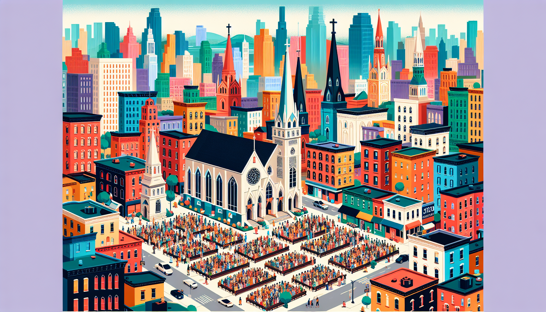 A picturesque illustration of diverse Christian churches in New York City, showcasing a vibrant community gathered for a multicultural service. The scene blends traditional and modern church architect