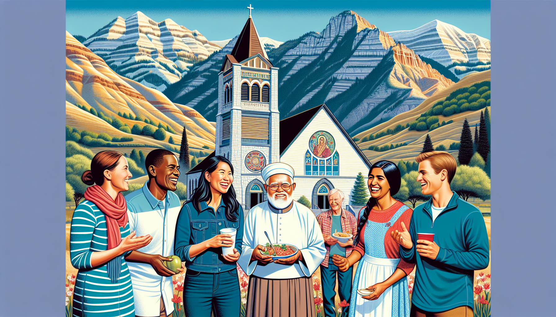 Create an image of a diverse group of people standing in front of a picturesque church in Utah, with the backdrop of stunning mountain landscapes. They should be engaged in warm, communal activities,