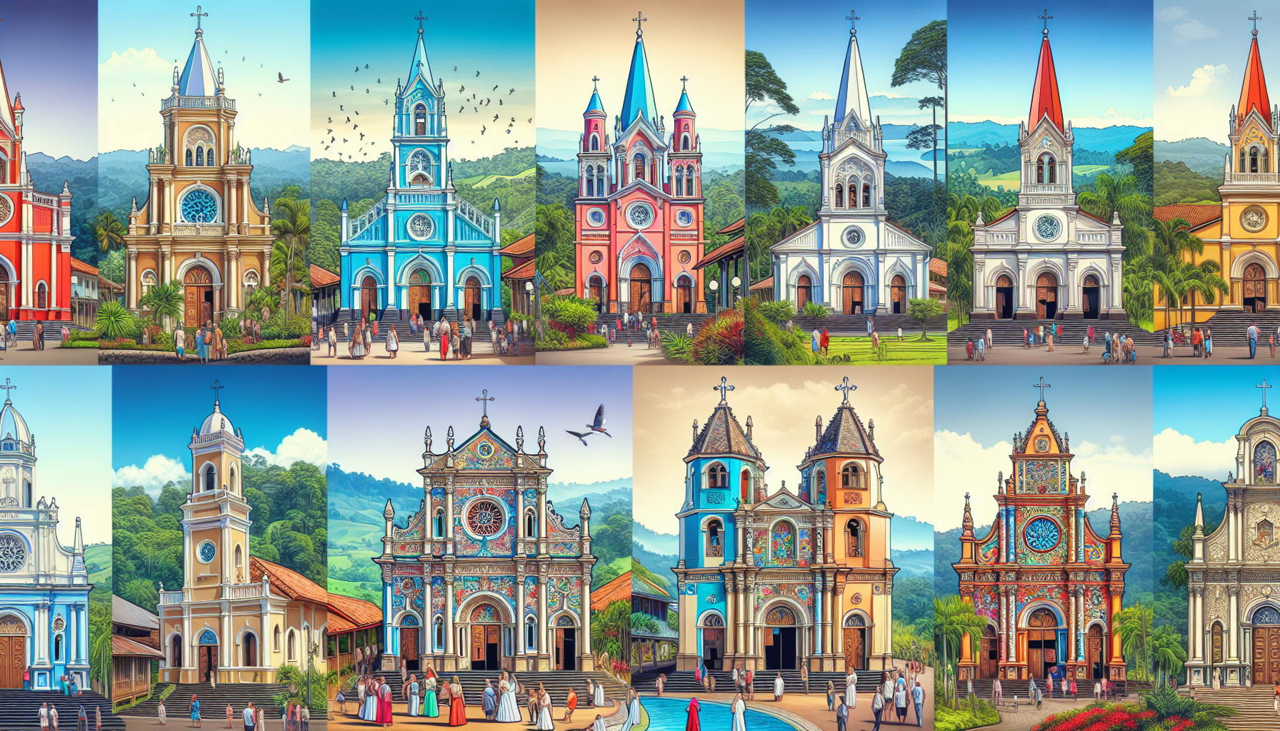 Digital artwork of stunning churches in Costa Rica, showcasing a variety of architectural styles from colonial to modern. The vibrant colors and intricate details of each church stand against the back