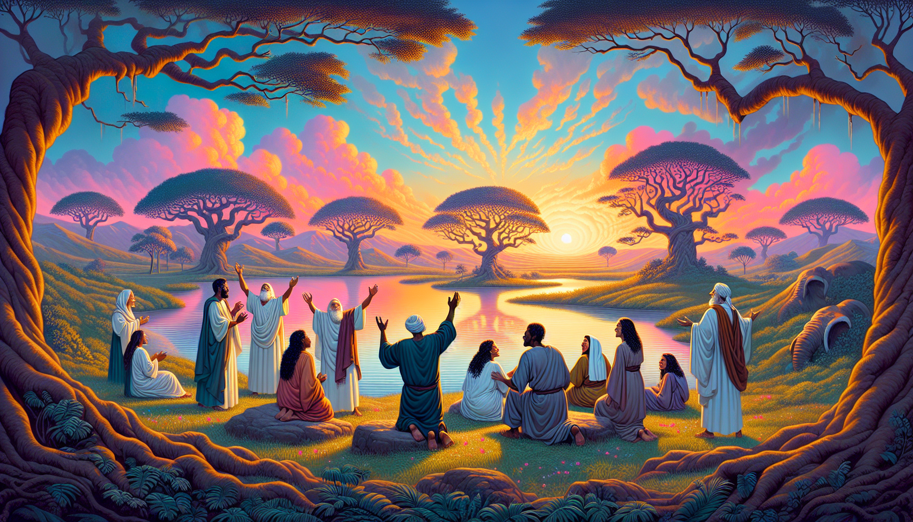 Create a serene biblical landscape at sunrise, featuring a small group of diverse people gathered around a tranquil body of water, singing and rejoicing together. In the background, ancient trees and