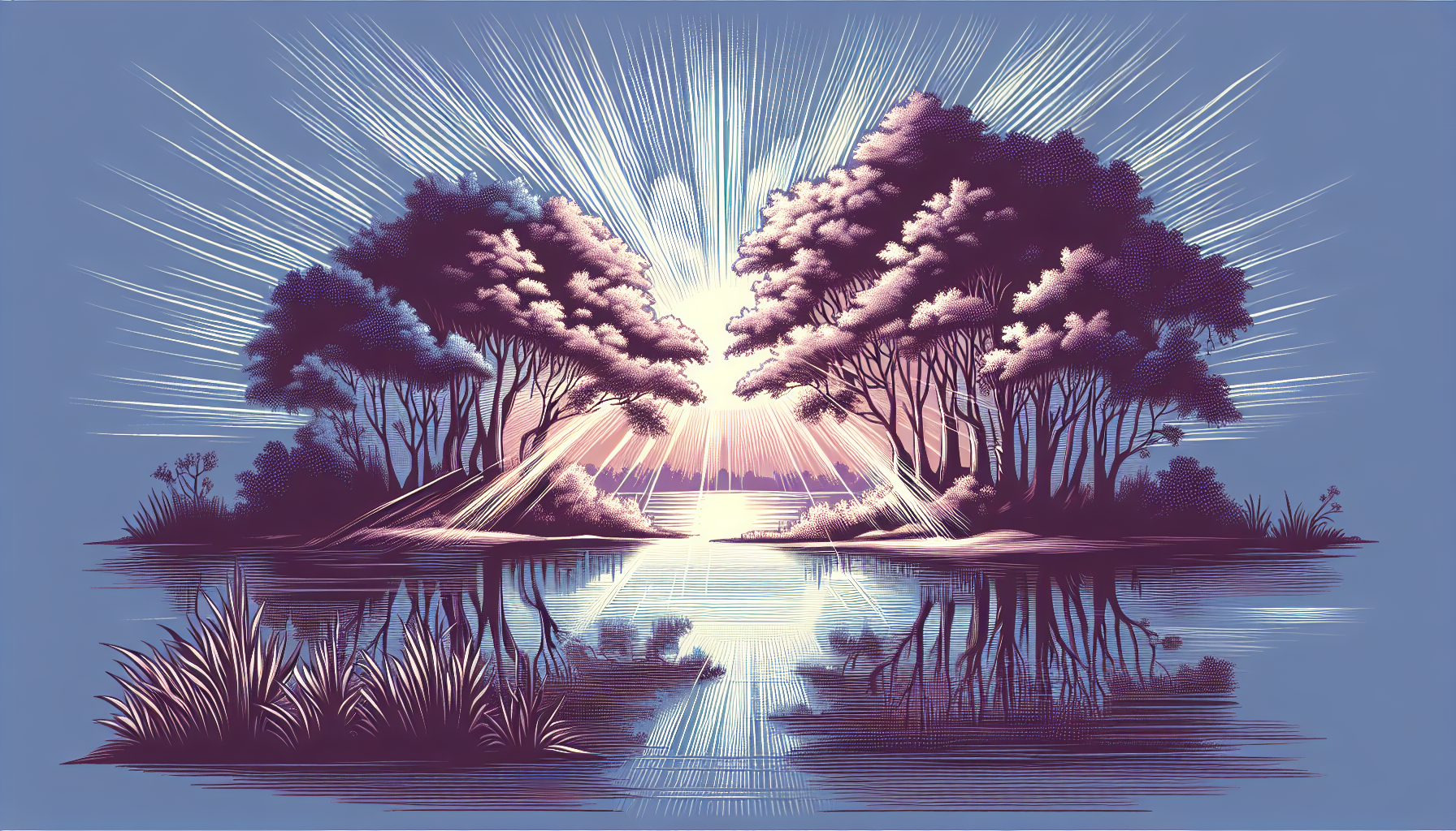 Serene landscape at twilight showcasing the essence of light overcoming darkness, embodyed by gentle rays piercing through the trees beside a tranquil lake, symbolizing the biblical passage from John
