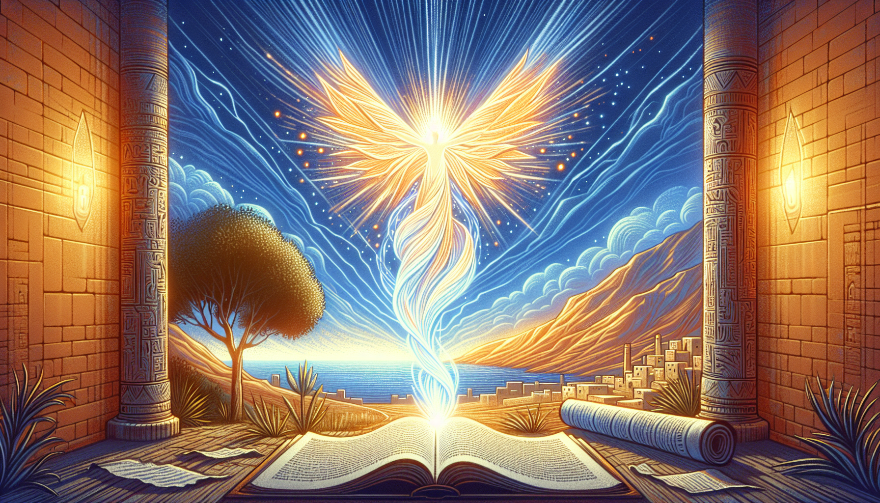 Visual interpretation of Biblical passage John 1:3-11, depicting the creation of light and life by the Word, with ethereal light emanating from an ancient scroll in a tranquil, ancient Middle Eastern