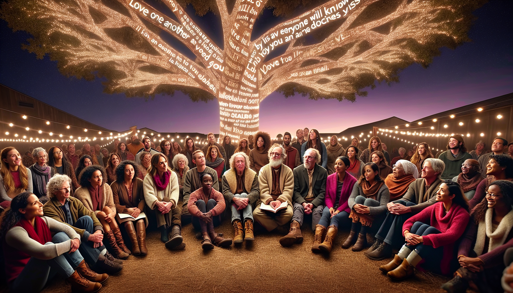 Create an image of a diverse group of people of different ethnicities, ages, and backgrounds, sitting together in a circle, sharing stories and smiling warmly under a large tree draped with shimmering