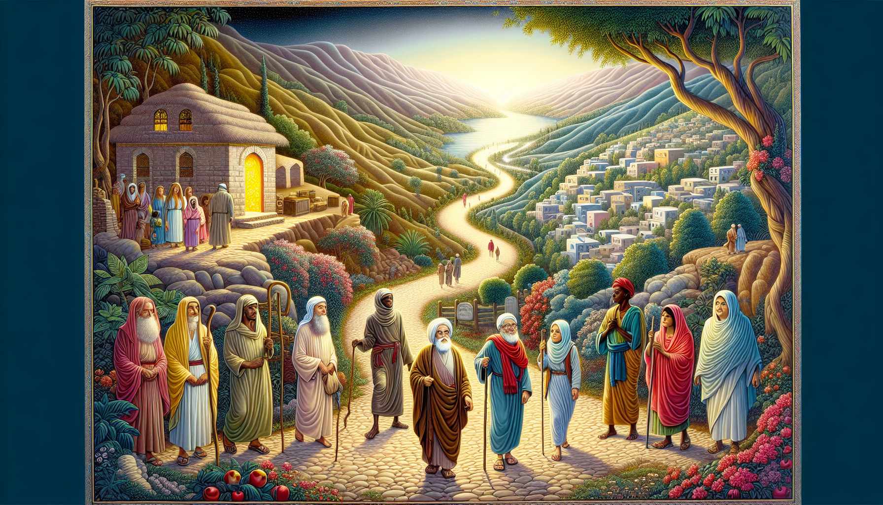 Visual depiction of a serene, ancient Middle Eastern landscape with a path leading from a small village to a hilltop, symbolizing the passage mentioned in John 14:6, with ethereal light illuminating t