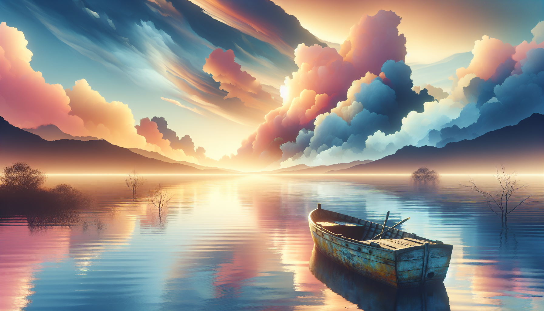 Serene landscape showing a weathered old boat calmly floating on a peaceful sea at sunset, with soft light filtering through fluffy clouds, evoking a sense of tranquility and overcoming.