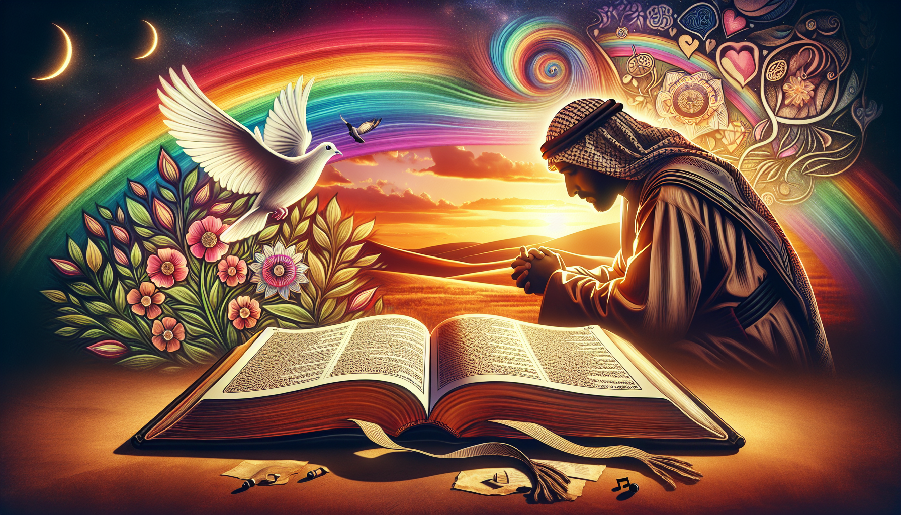 Una ilustración que muestra una Biblia abierta en un paisaje sereno al atardecer, con una luz cálida iluminando sus páginas. Alrededor de la Biblia, hay símbolos de esperanza y consuelo, como una palo